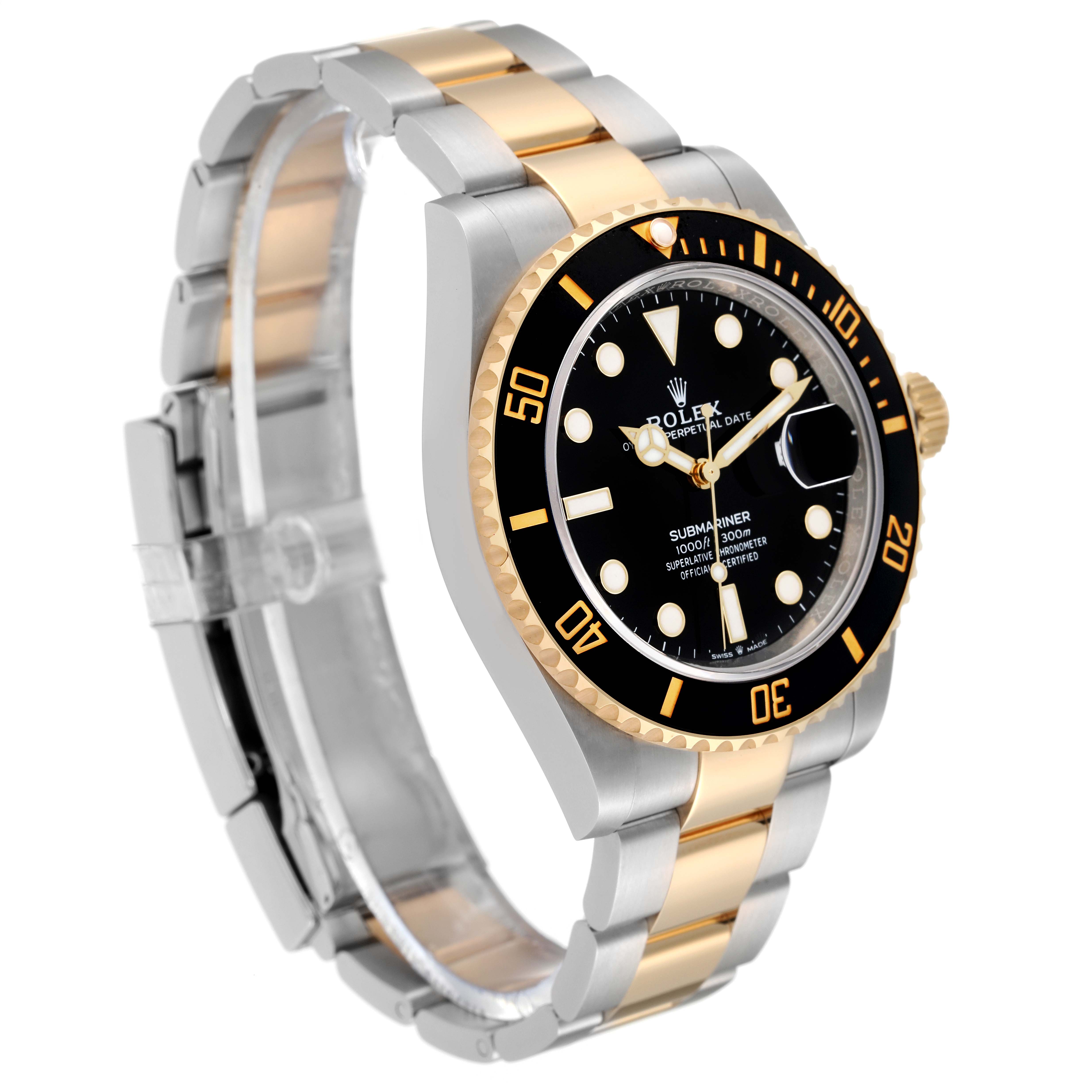 This image shows a side and front angle of a Rolex Submariner 126613LN Men
s Steel and Gold (two tone) Black Dial 126613LN Men
s Steel and Gold (two tone) Black Dial watch, highlighting the bezel, dial, and two-tone bracelet.