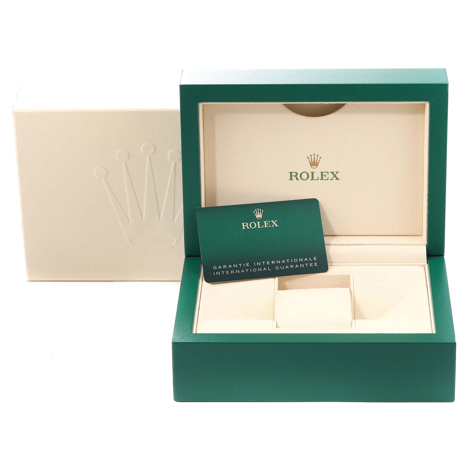 The image shows an open green Rolex Submariner 126613LN Men
s Steel and Gold (two tone) Black Dial 126613LN Men
s Steel and Gold (two tone) Black Dial watch box with an international warranty card.