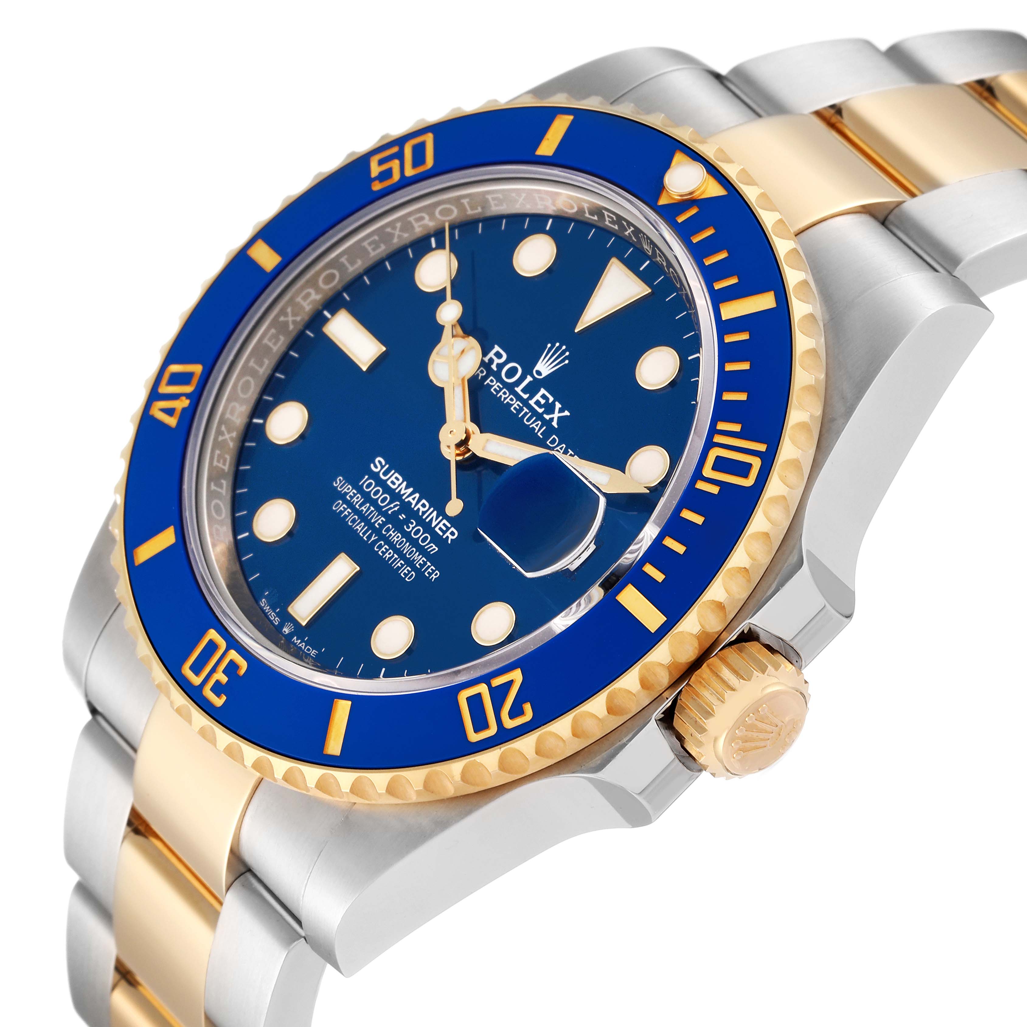 The image shows a Rolex Submariner 126613LB Men
s Steel and Gold (two tone) Blue Dial 126613LB Men
s Steel and Gold (two tone) Blue Dial watch at an oblique angle, highlighting its blue dial, bezel, and two-tone bracelet.