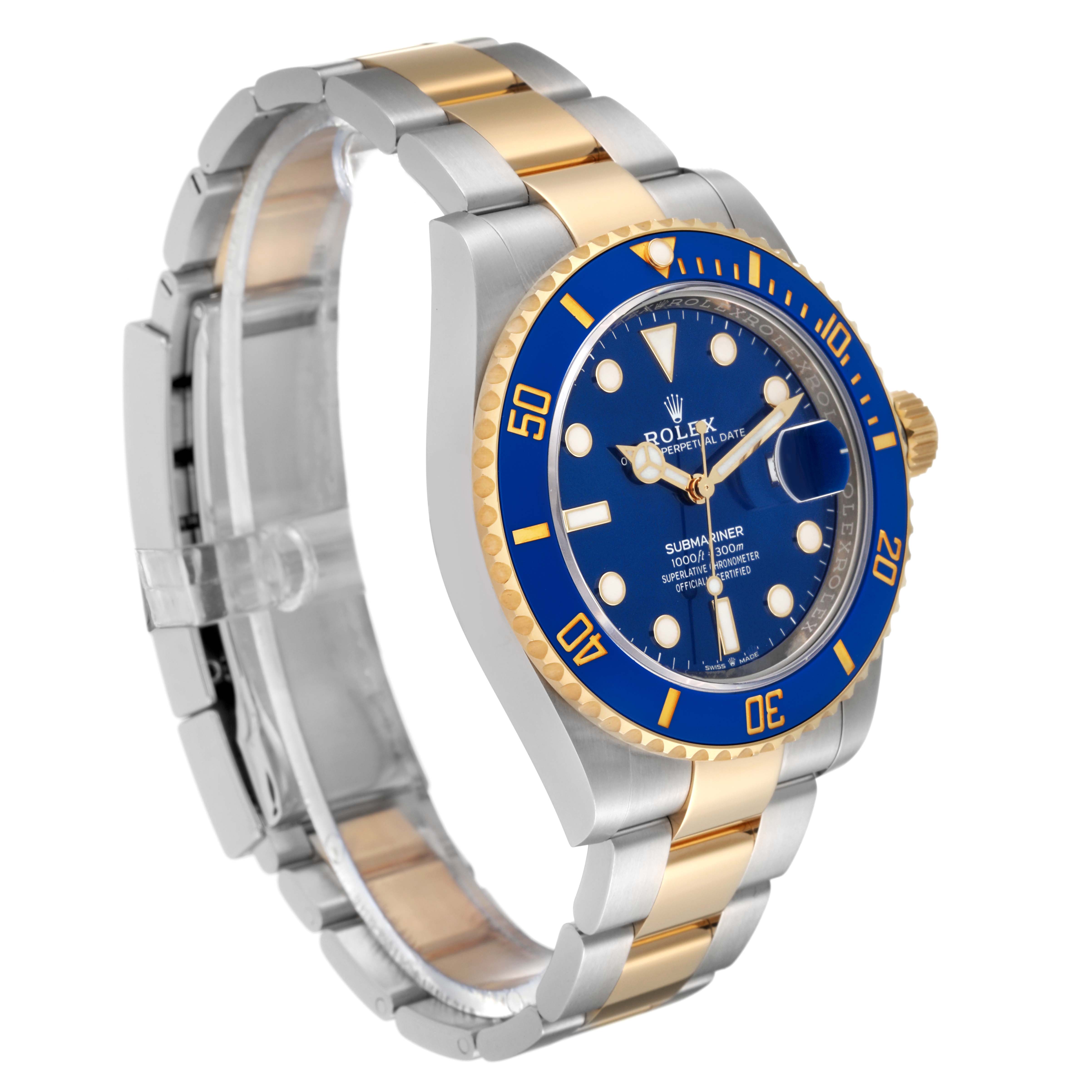 The image shows a Rolex Submariner 126613LB Men
s Steel and Gold (two tone) Blue Dial 126613LB Men
s Steel and Gold (two tone) Blue Dial watch at a three-quarter angle, highlighting its blue dial, bezel, and two-tone bracelet.