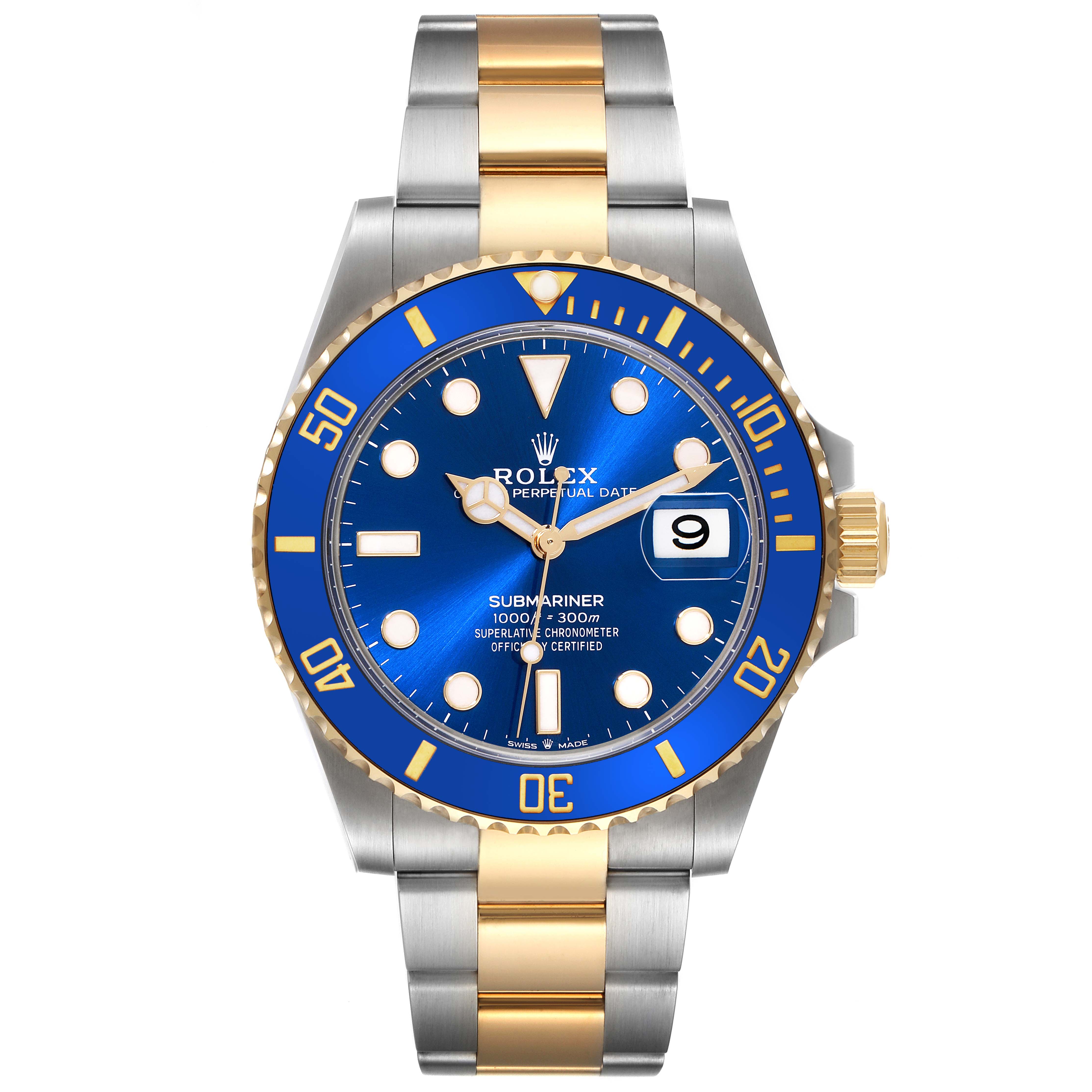 This image shows a head-on view of a Rolex Submariner 126613LB Men
s Steel and Gold (two tone) Blue Dial 126613LB Men
s Steel and Gold (two tone) Blue Dial watch featuring a blue dial, gold and silver bracelet, and date indicator.