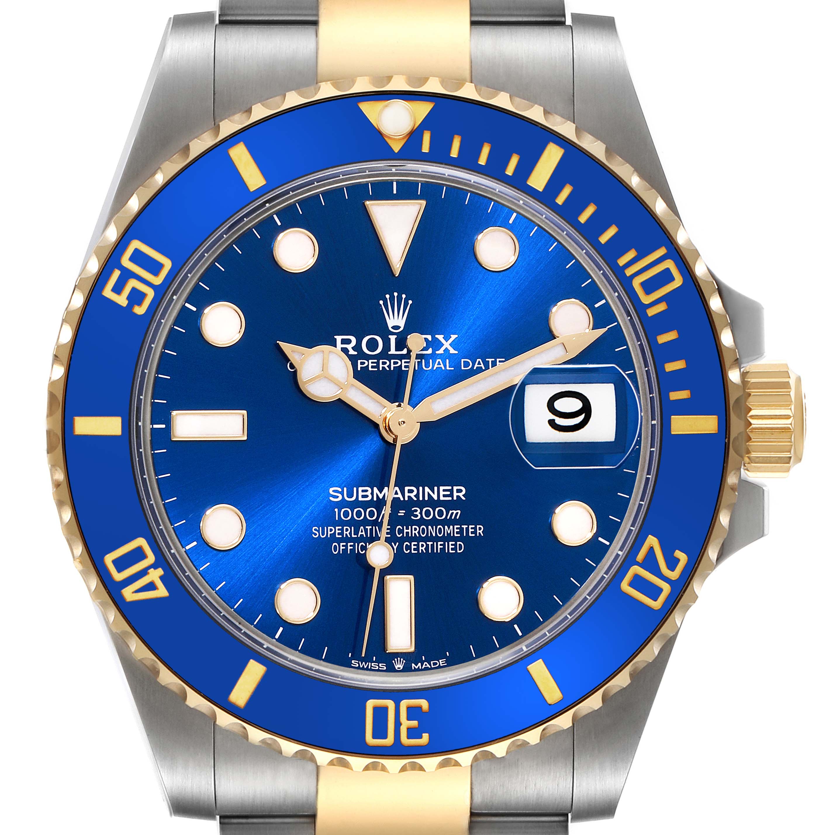This image shows a front view of a Rolex Submariner 126613LB Men
s Steel and Gold (two tone) Blue Dial 126613LB Men
s Steel and Gold (two tone) Blue Dial watch, focusing on the blue and gold bezel, dial, and bracelet.