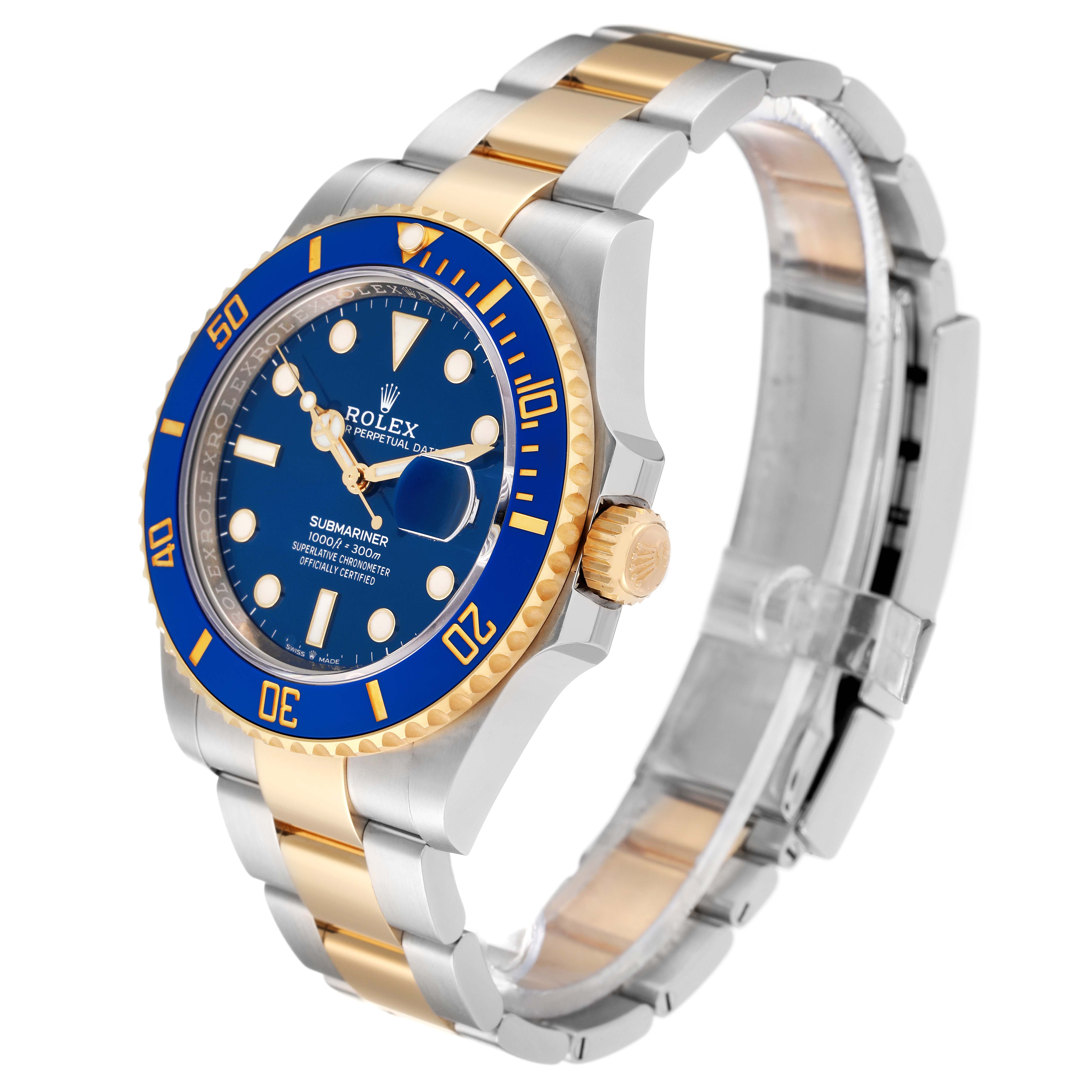 This image shows a side angle view of the Rolex Submariner 126613LB Men
s Steel and Gold (two tone) Blue Dial 126613LB Men
s Steel and Gold (two tone) Blue Dial watch, highlighting its blue bezel, dial, crown, and two-tone bracelet.
