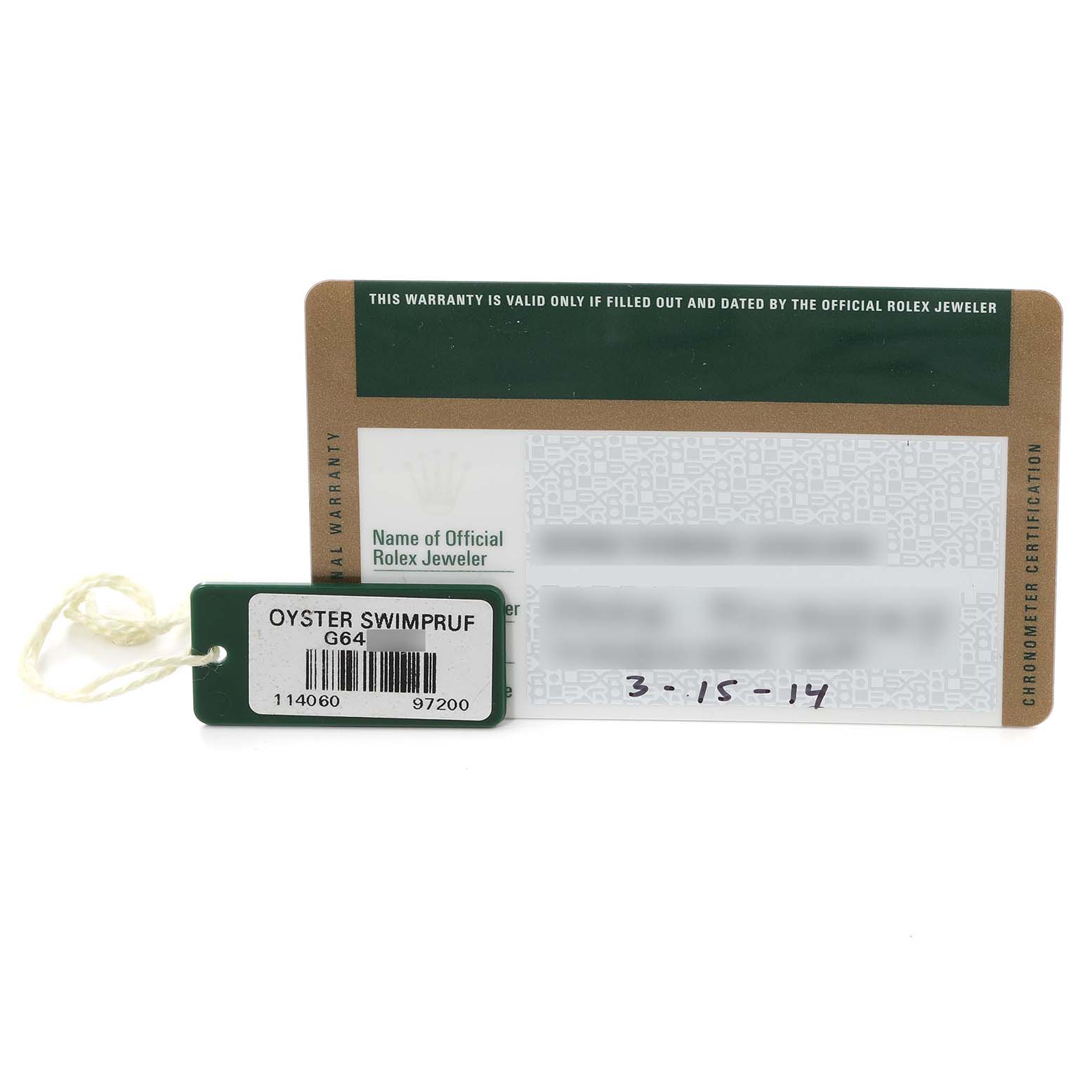 The image shows a Rolex Submariner 114060 Men's Stainless Steel Black Dial 114060 Men's Stainless Steel Black Dial warranty card and an Oyster Swimpruf tag.