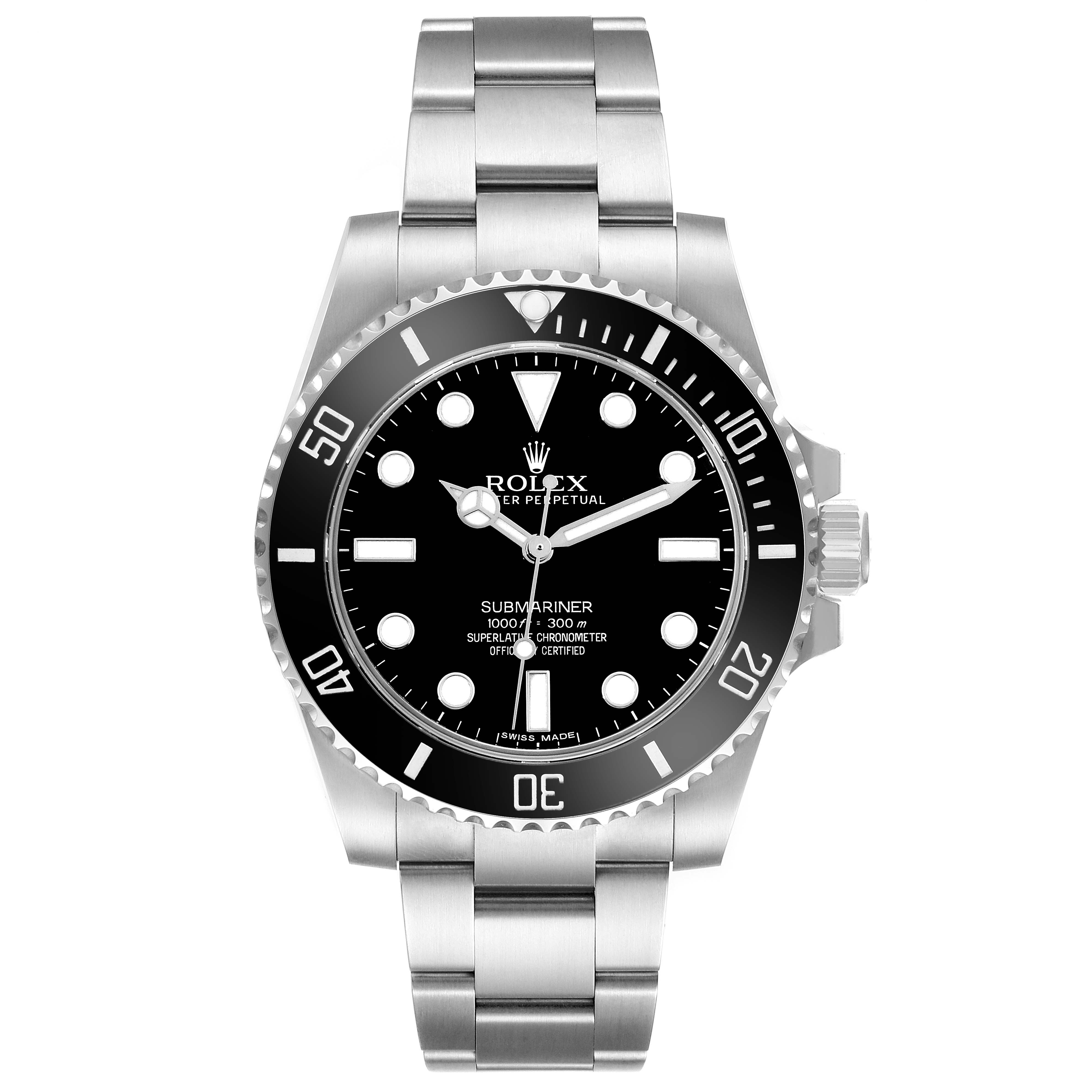The image shows a front view of the Rolex Submariner 114060 Men's Stainless Steel Black Dial 114060 Men's Stainless Steel Black Dial watch, displaying its dial, bezel, and bracelet.