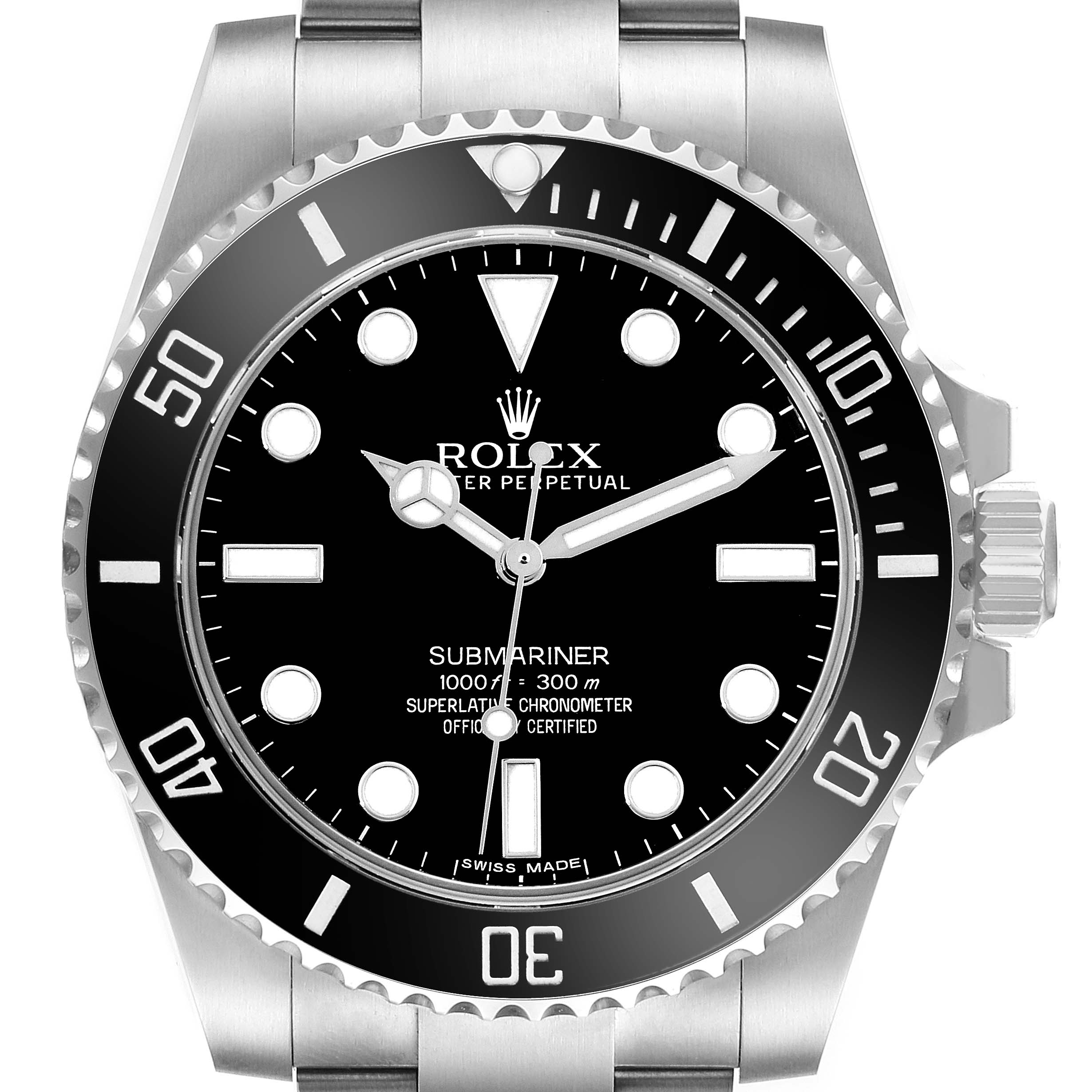 The image shows a front view of a Rolex Submariner 114060 Men's Stainless Steel Black Dial 114060 Men's Stainless Steel Black Dial watch, displaying its dial, bezel, and part of its bracelet.