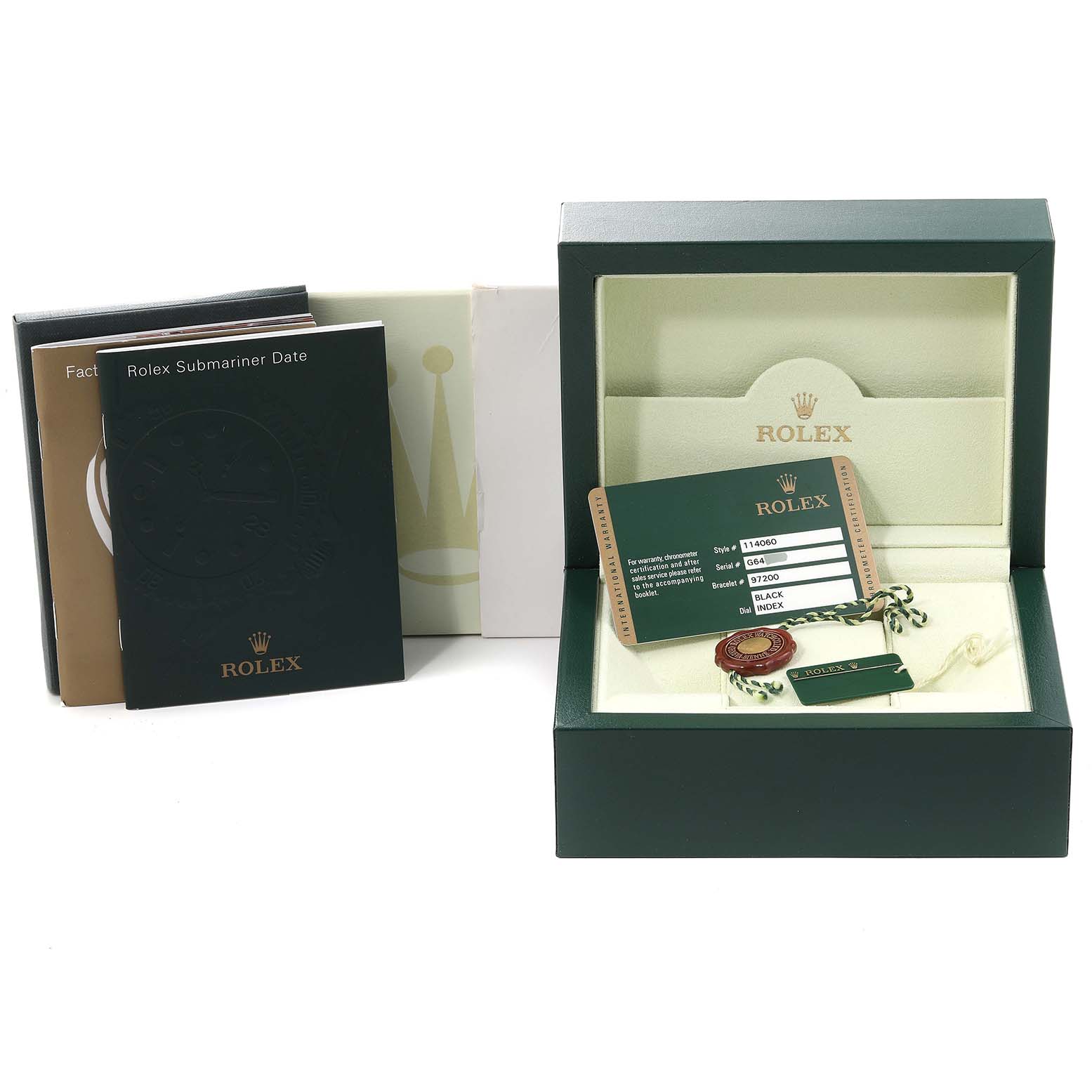 The image shows a Rolex Submariner 114060 Men's Stainless Steel Black Dial 114060 Men's Stainless Steel Black Dial model box, warranty card, tags, and accompanying manuals from a slightly angled front view.