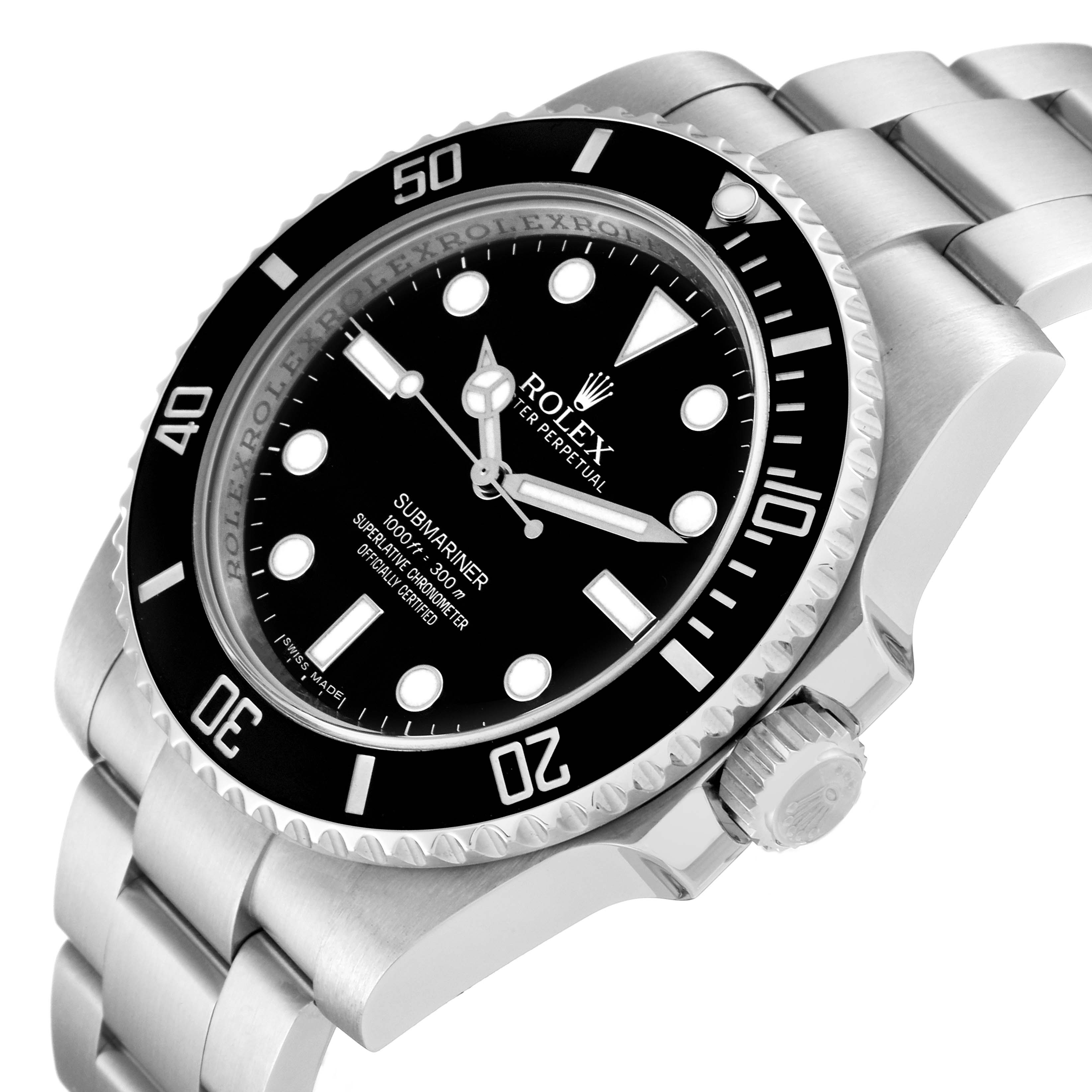 The image shows a Rolex Submariner 114060 Men's Stainless Steel Black Dial 114060 Men's Stainless Steel Black Dial watch at an angle highlighting the bezel, dial, crown, and part of the bracelet.