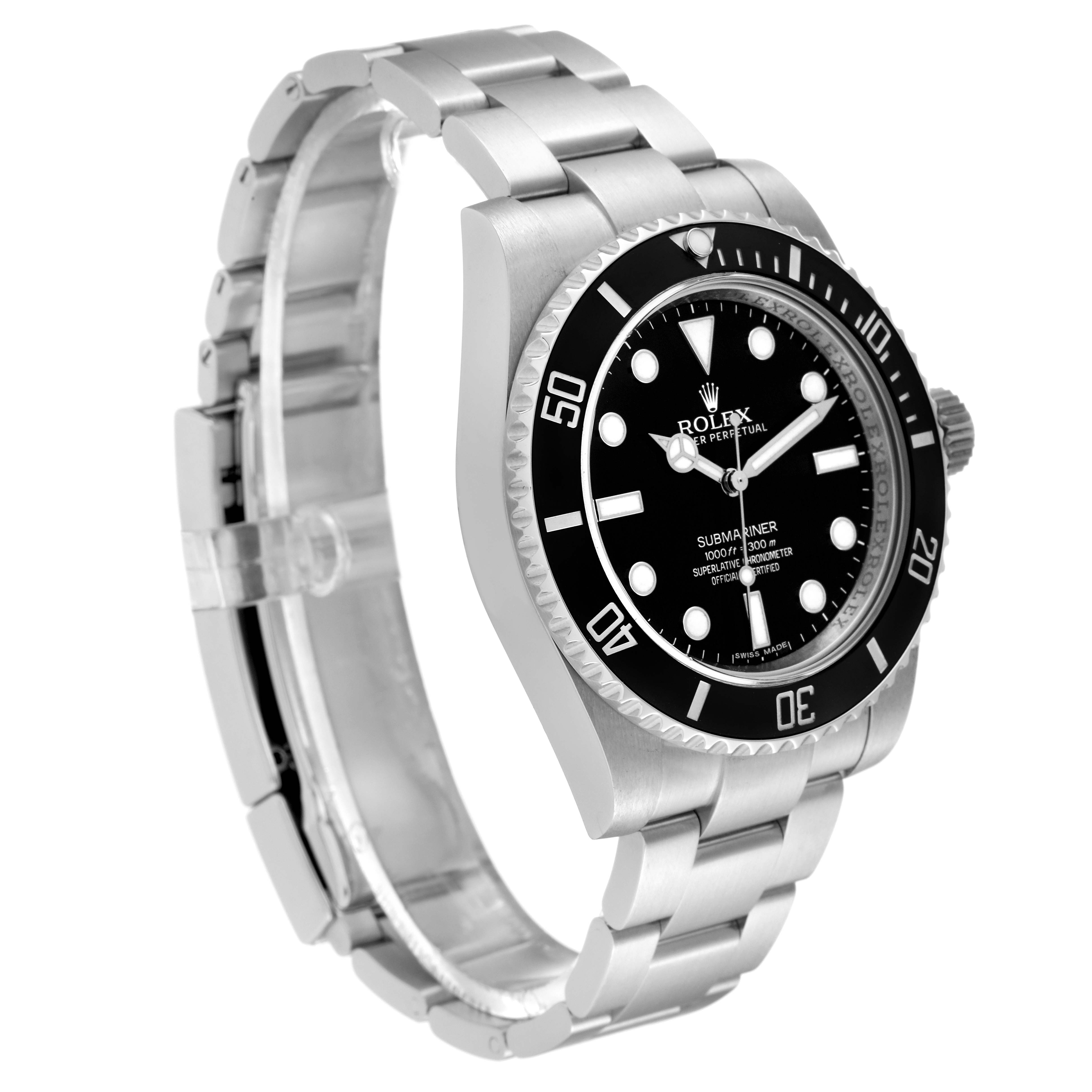 This image shows a side view of the Rolex Submariner 114060 Men's Stainless Steel Black Dial 114060 Men's Stainless Steel Black Dial watch, showcasing its bracelet, bezel, and dial.