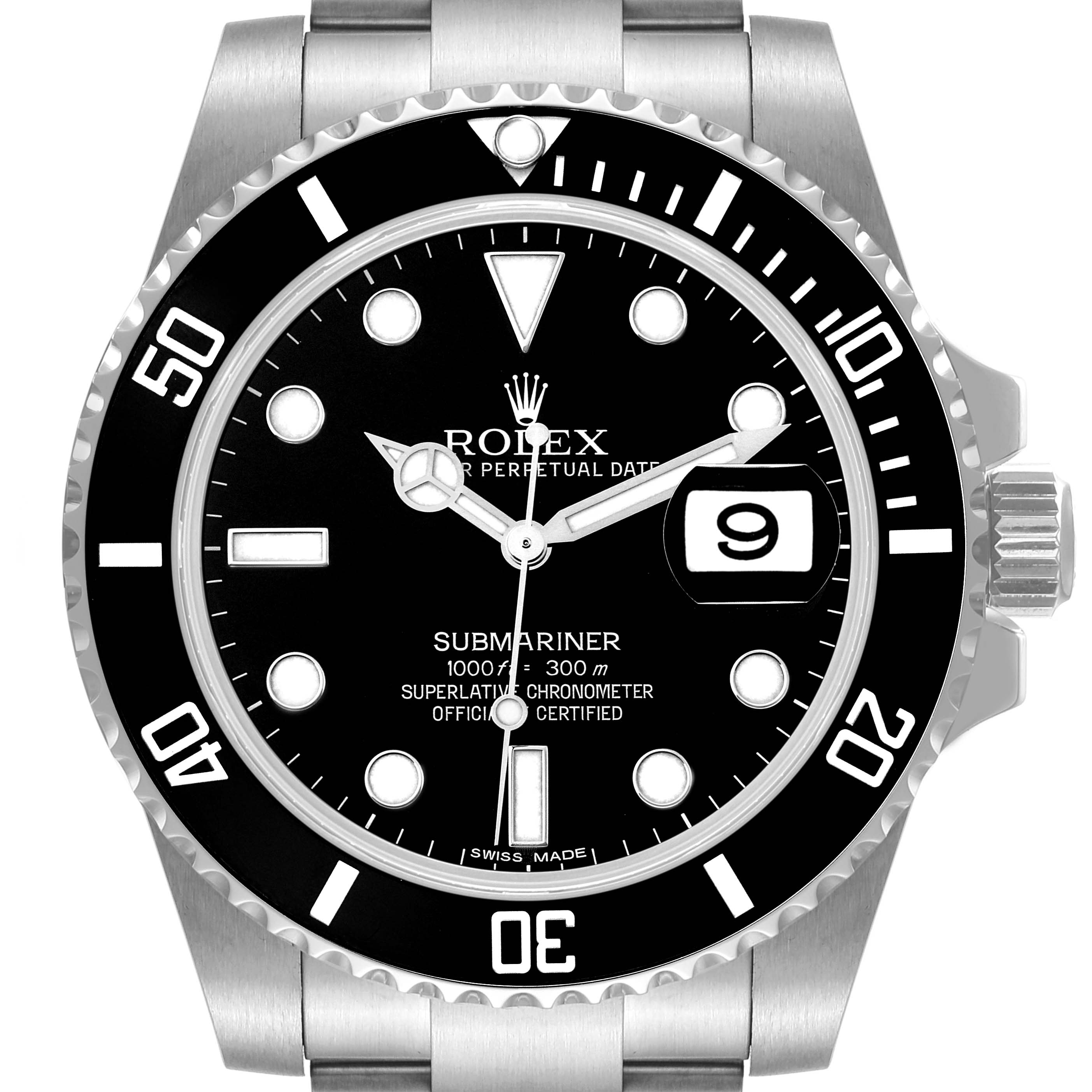 This image shows a front view of the Rolex Submariner 116610 Men's Stainless Steel Black Dial 116610 Men's Stainless Steel Black Dial, displaying its bezel, dial, and date window.