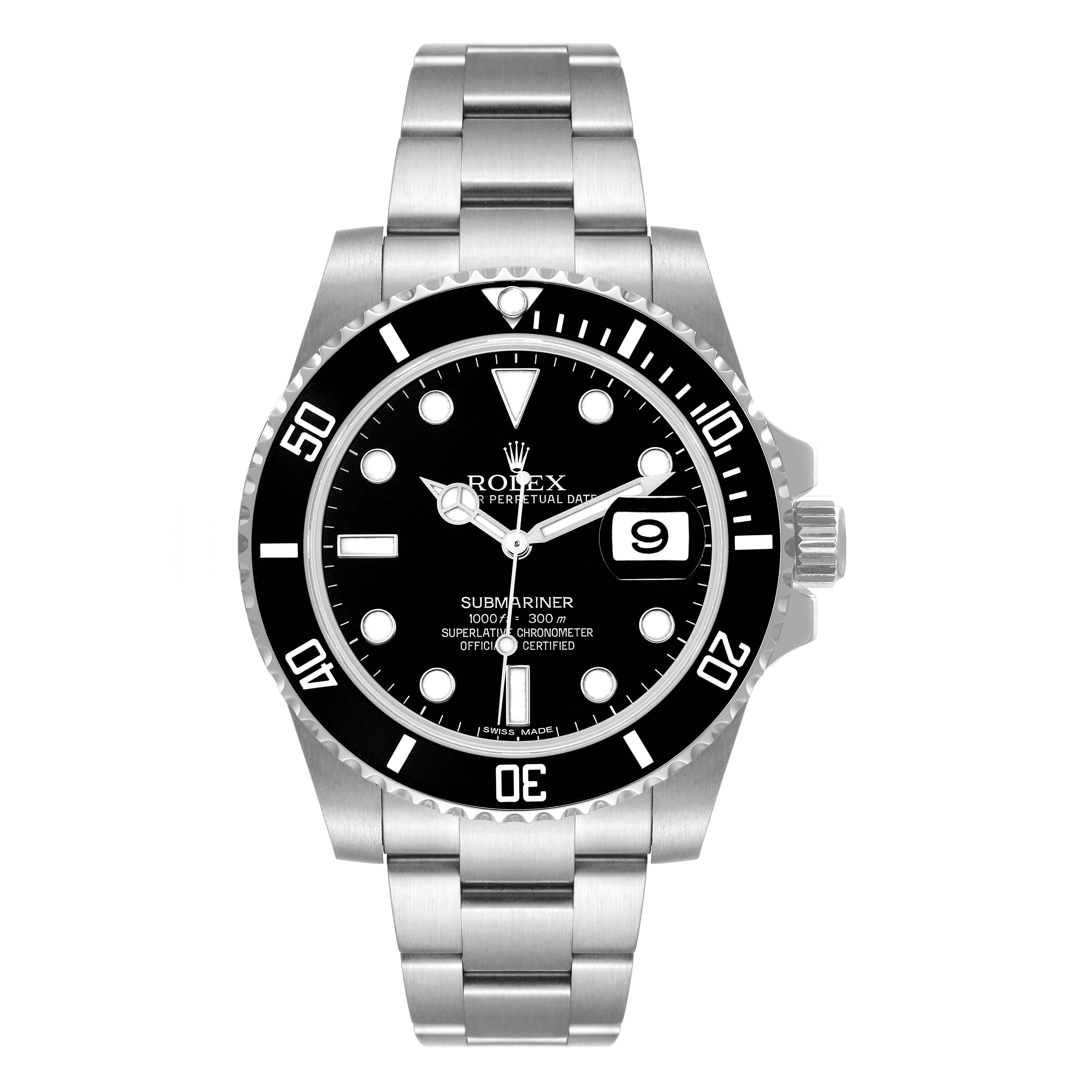 The image shows a front view of the Rolex Submariner 116610 Men's Stainless Steel Black Dial 116610 Men's Stainless Steel Black Dial watch, displaying the face, bezel, and stainless steel bracelet.