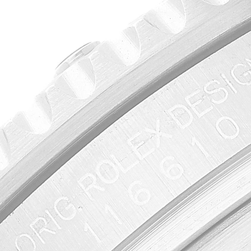 The image shows a close-up angle of the bezel and engraving of the Rolex Submariner 116610 Men's Stainless Steel Black Dial 116610 Men's Stainless Steel Black Dial model.