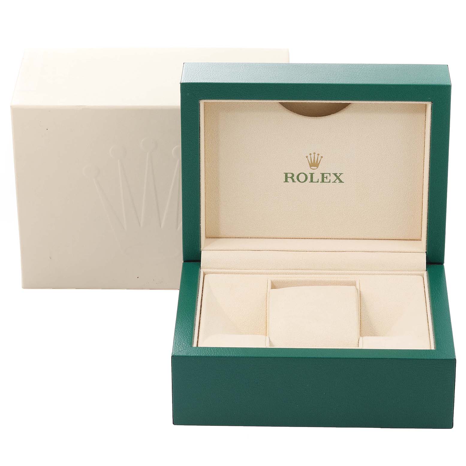 The image shows an open green Rolex watch box and an outer white box from a Submariner model, providing a front view.