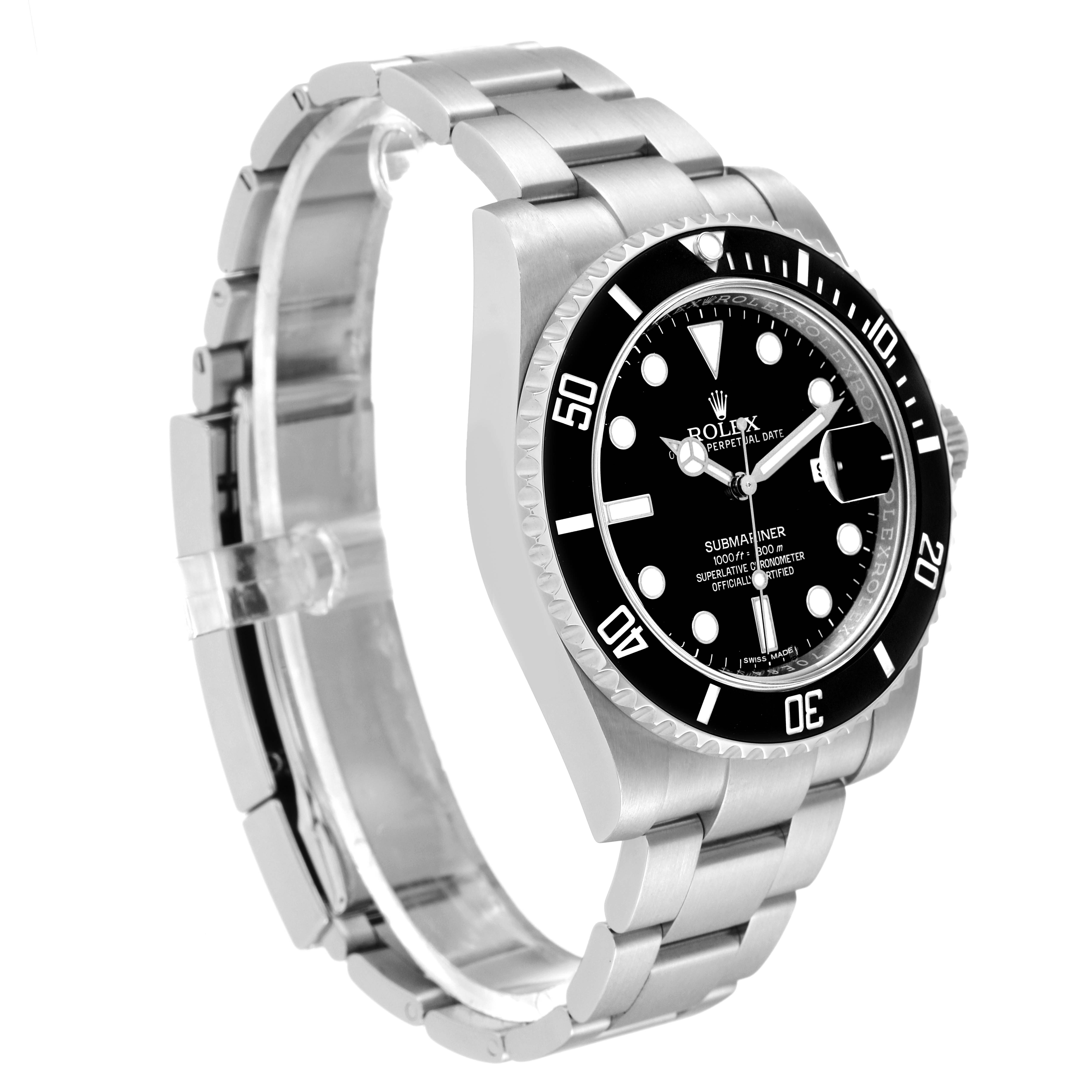 This image shows a side view of the Rolex Submariner 116610 Men's Stainless Steel Black Dial 116610 Men's Stainless Steel Black Dial watch, highlighting its face, bezel, and stainless steel bracelet.