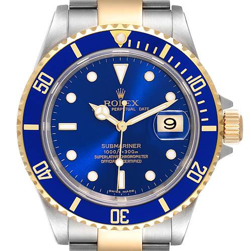 Photo of Rolex Submariner Blue Dial Steel Yellow Gold Mens Watch 16613 Box Service Card