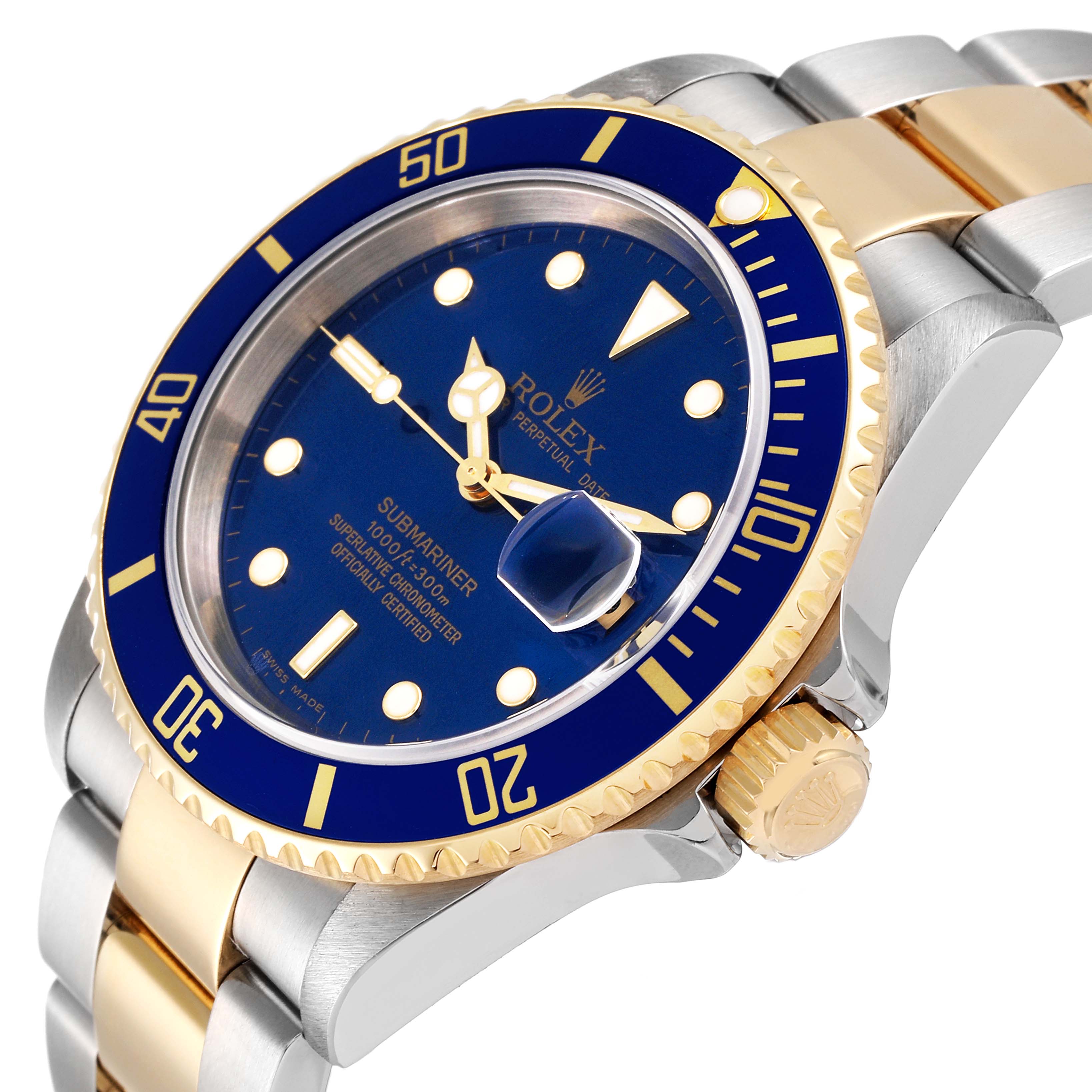 The Rolex Submariner 16613 Men's Steel and Gold (two tone) Blue Dial 16613 Men's Steel and Gold (two tone) Blue Dial watch is shown from an angled front view, highlighting the blue dial, bezel, and part of the bracelet.
