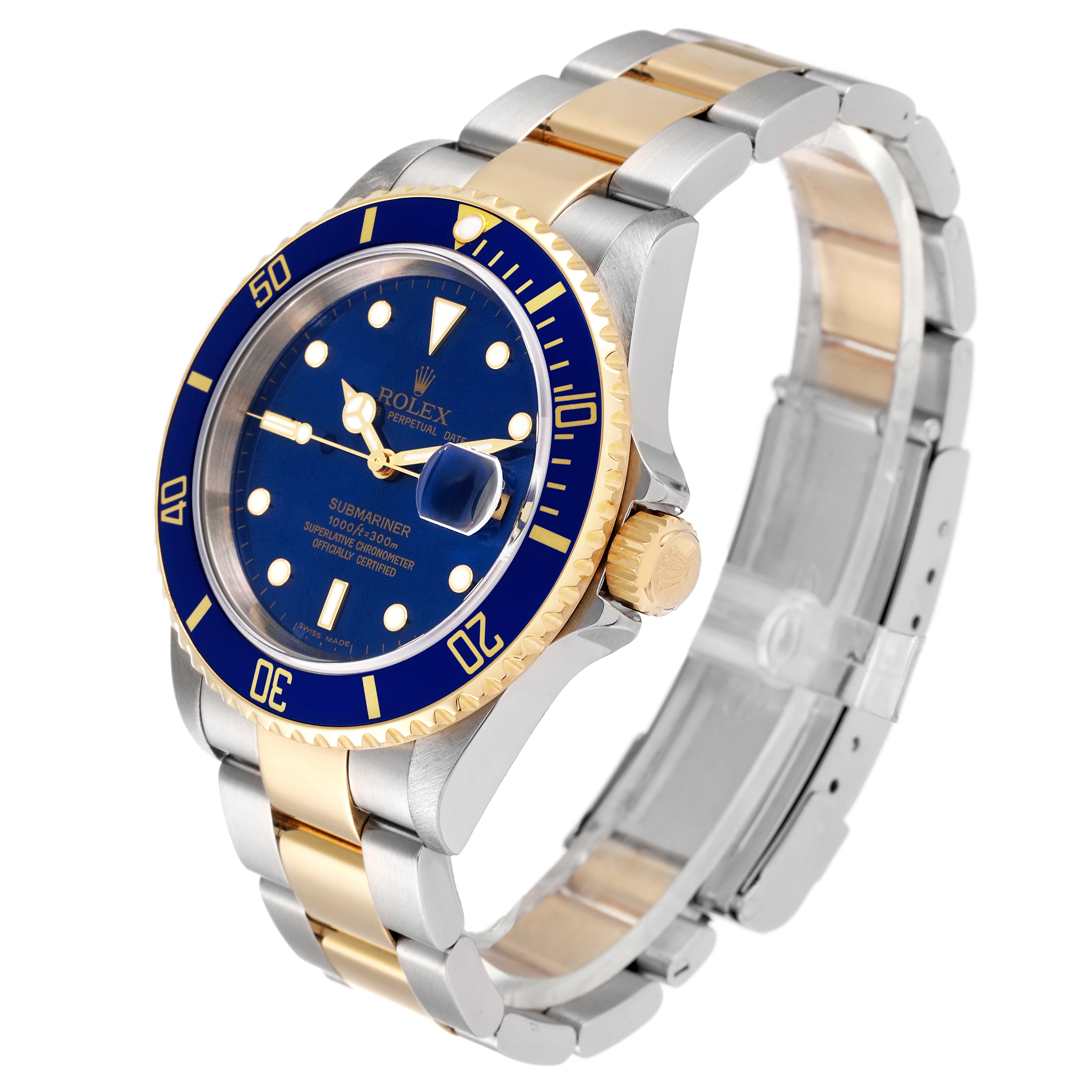 This is a side-angle view of a Rolex Submariner 16613 Men's Steel and Gold (two tone) Blue Dial 16613 Men's Steel and Gold (two tone) Blue Dial watch showcasing its blue dial, bezel, and two-tone metal bracelet.