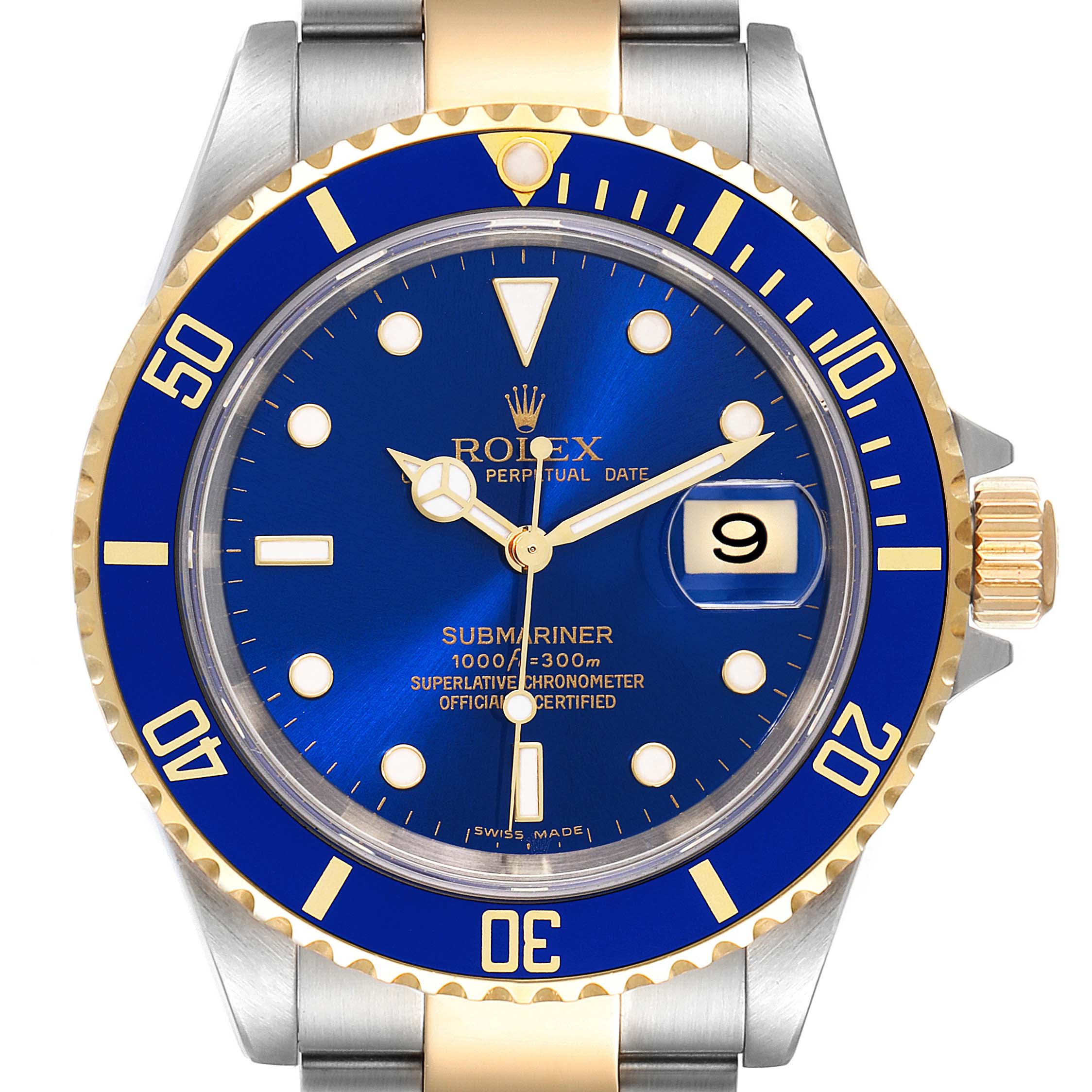 The image shows a close-up of the Rolex Submariner 16613 Men's Steel and Gold (two tone) Blue Dial 16613 Men's Steel and Gold (two tone) Blue Dial watch face, bezel, and part of the bracelet.