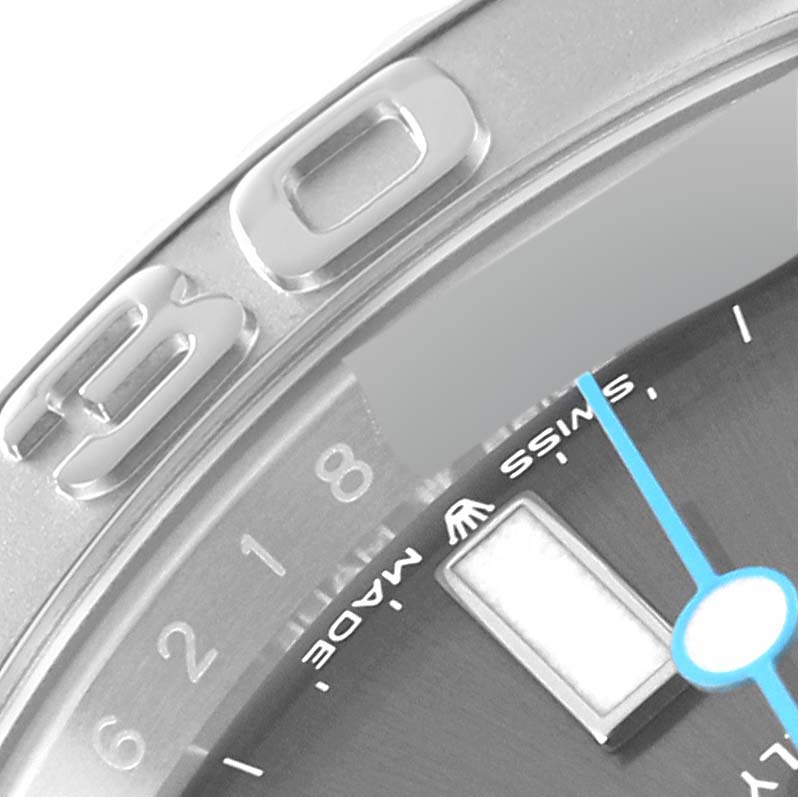 The image shows a close-up of the dial and bezel of a Rolex Yacht-Master 126622 Men's Stainless Steel Grey Dial 126622 Men's Stainless Steel Grey Dial watch with visible numbers and the "Swiss Made" text.
