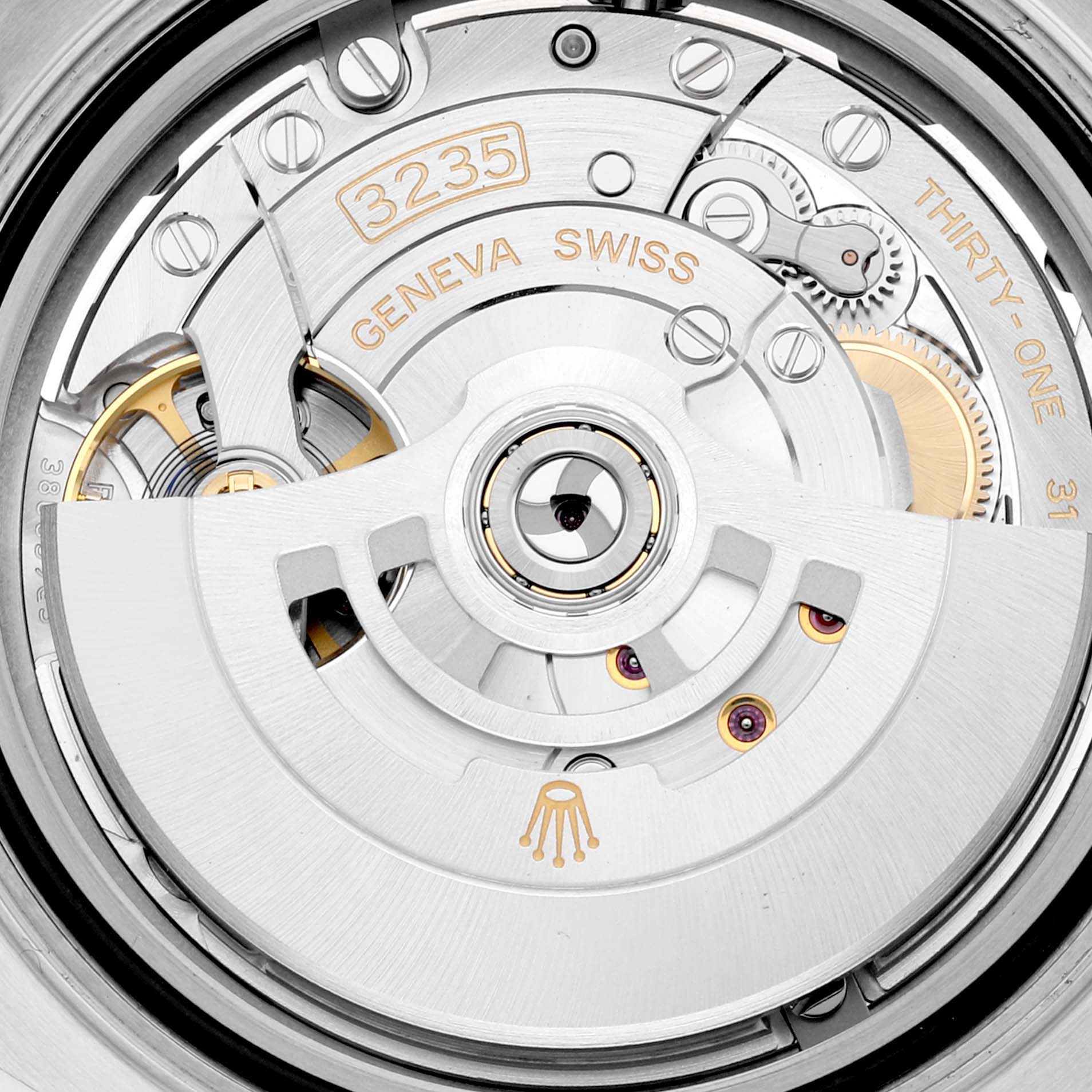 This image shows a close-up of the Rolex Yacht-Master 126622 Men's Stainless Steel Grey Dial 126622 Men's Stainless Steel Grey Dial watch's automatic movement mechanism, highlighting the caliber 3235.