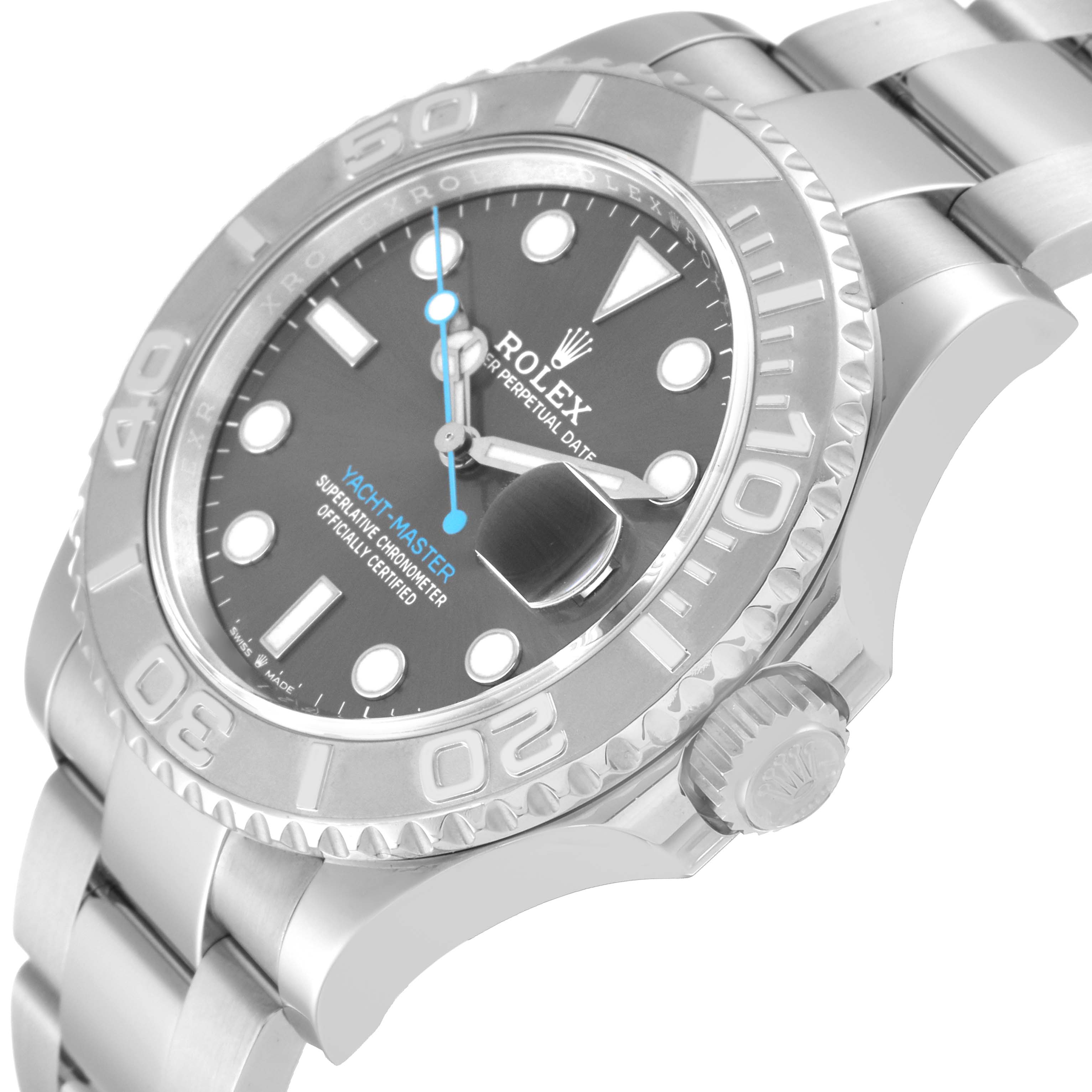 This image shows a side and partial front view of the Rolex Yacht-Master 126622 Men's Stainless Steel Grey Dial 126622 Men's Stainless Steel Grey Dial watch, highlighting its dial, bezel, and bracelet.