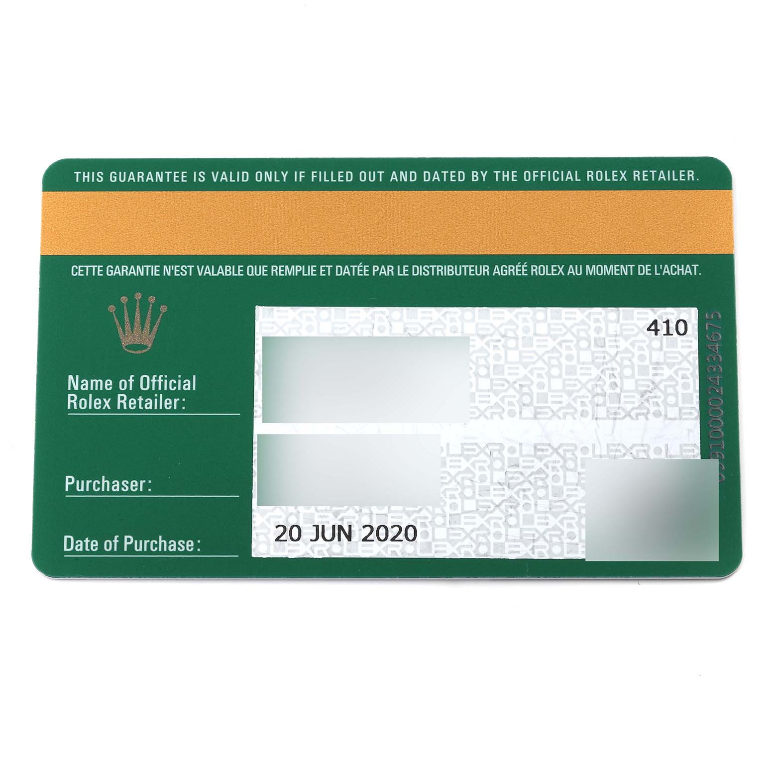 This image shows the front of the guarantee card for the Rolex Yacht-Master 126622 Men's Stainless Steel Grey Dial 126622 Men's Stainless Steel Grey Dial watch, dated 20 June 2020.