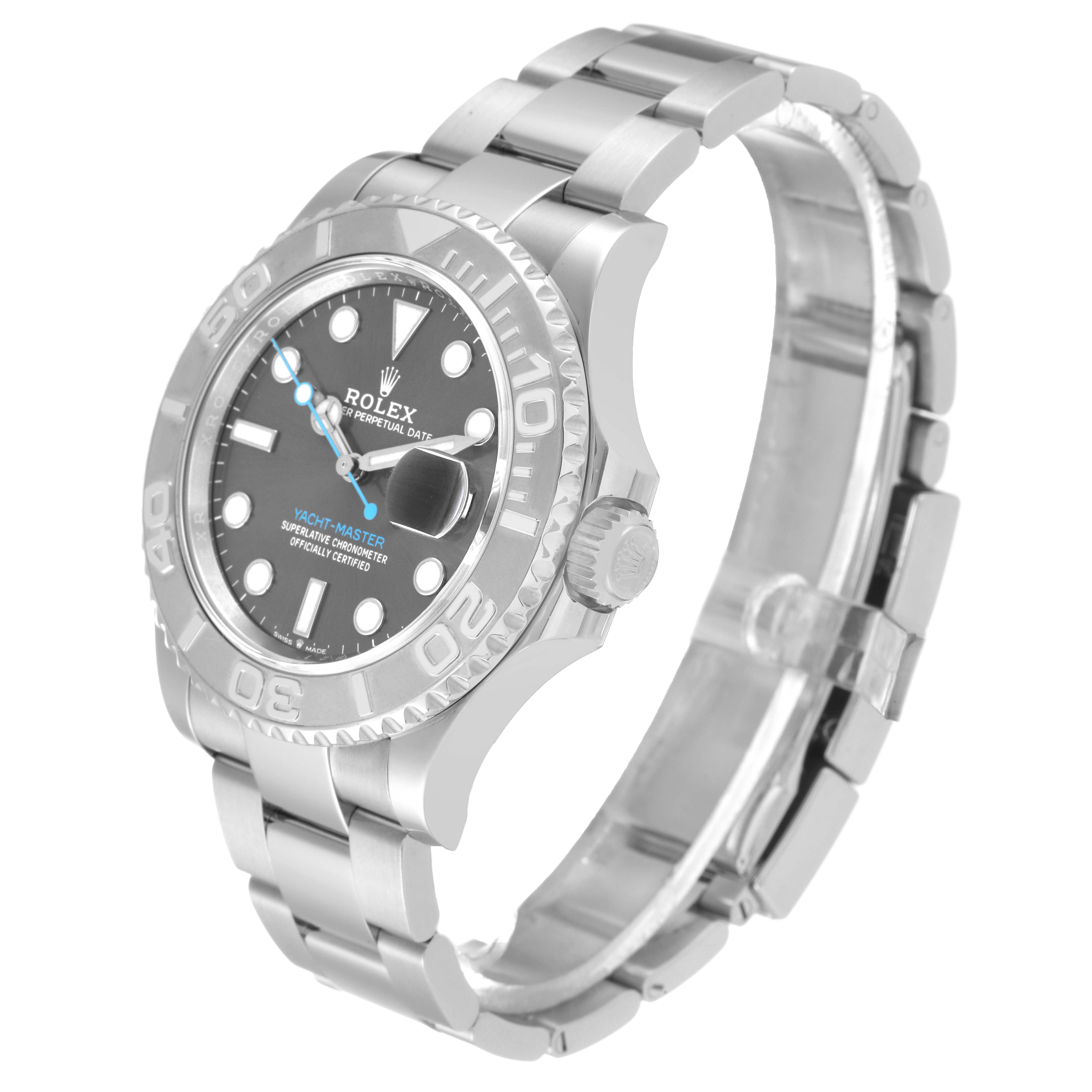 The image shows a Rolex Yacht-Master 126622 Men's Stainless Steel Grey Dial 126622 Men's Stainless Steel Grey Dial watch from a front-side angle, displaying the dial, bezel, case, and bracelet.