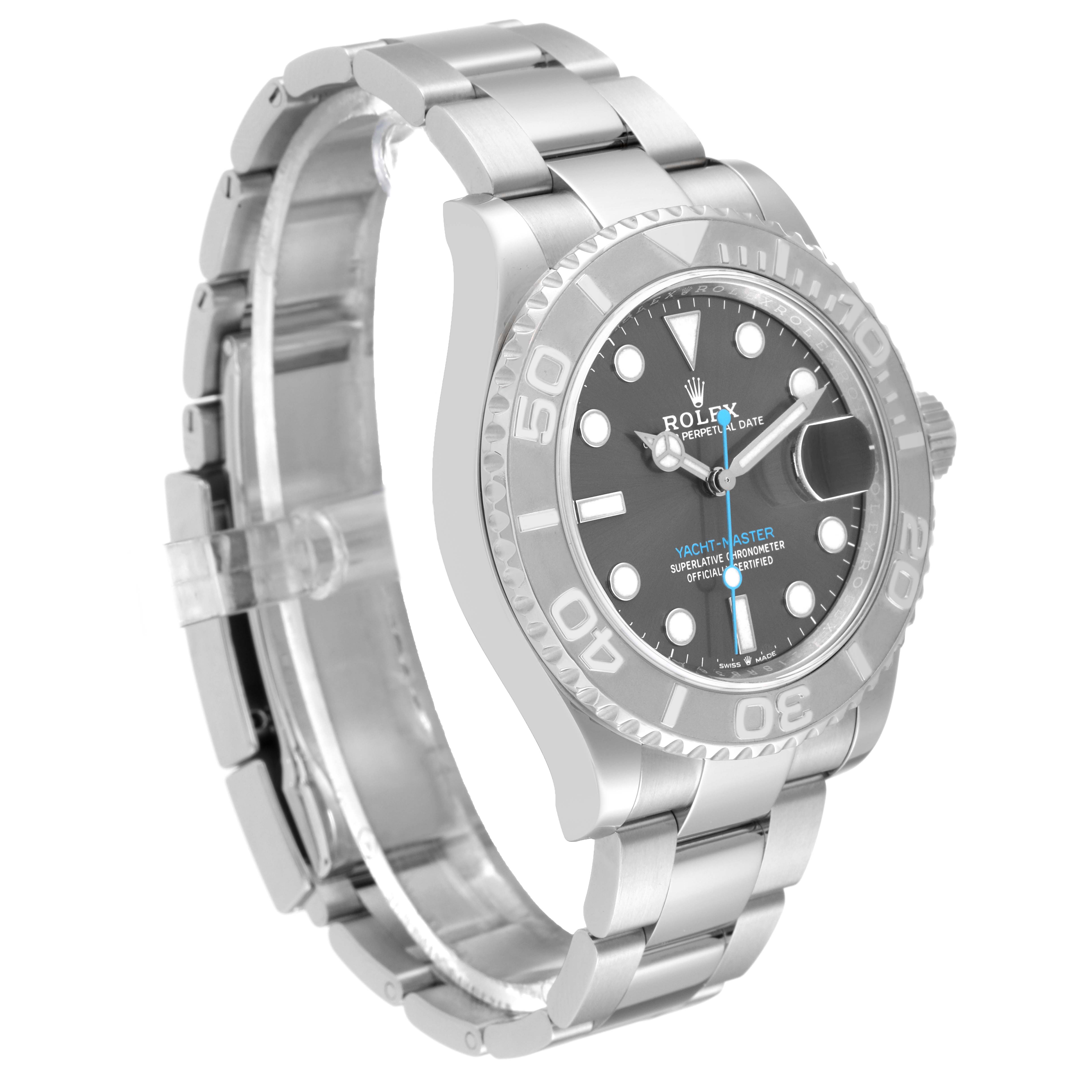 The image shows a side view of the Rolex Yacht-Master 126622 Men's Stainless Steel Grey Dial 126622 Men's Stainless Steel Grey Dial watch, highlighting its bracelet, bezel, and dial.