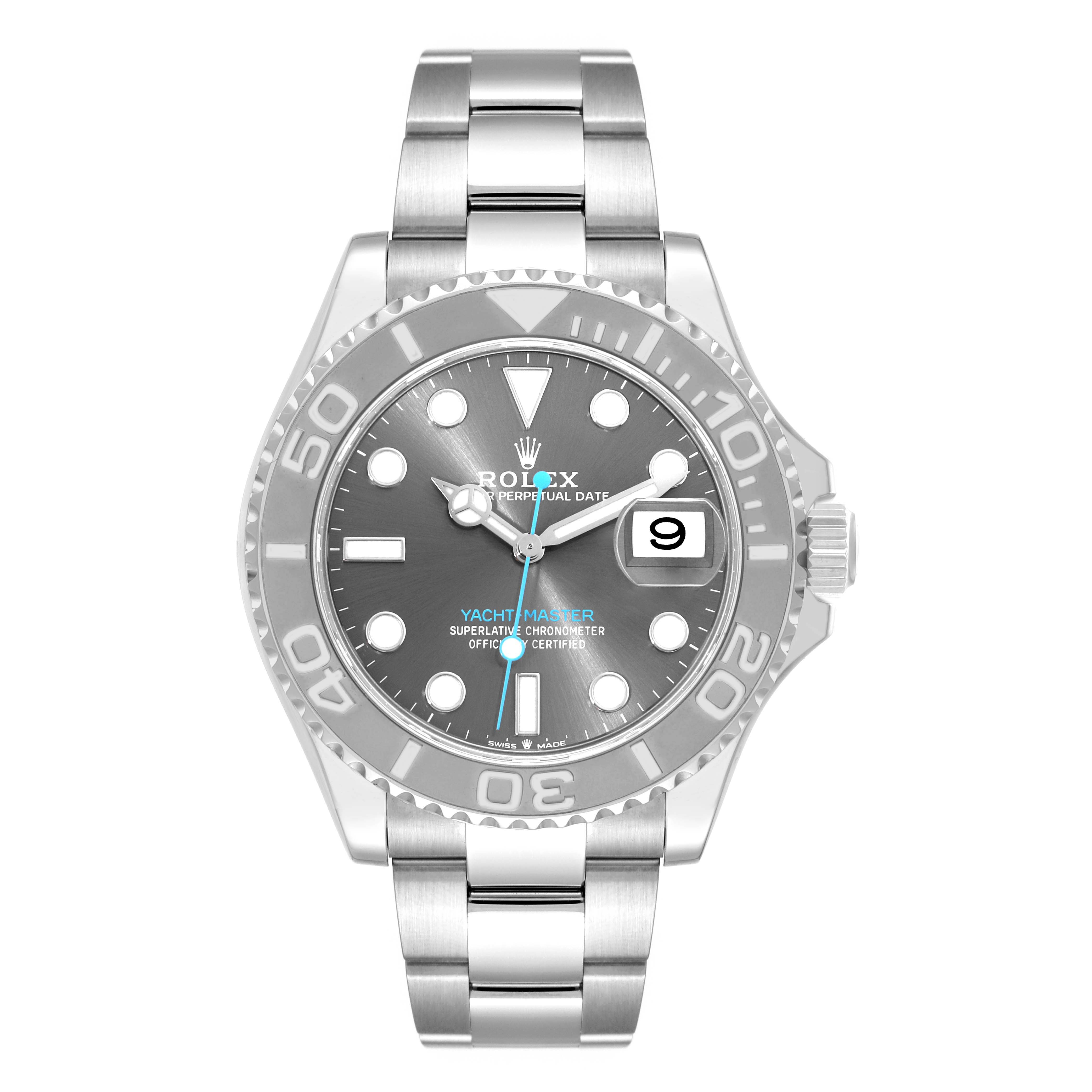 The image shows a front view of the Rolex Yacht-Master 126622 Men's Stainless Steel Grey Dial 126622 Men's Stainless Steel Grey Dial watch, highlighting the dial, bezel, bracelet, and date feature.