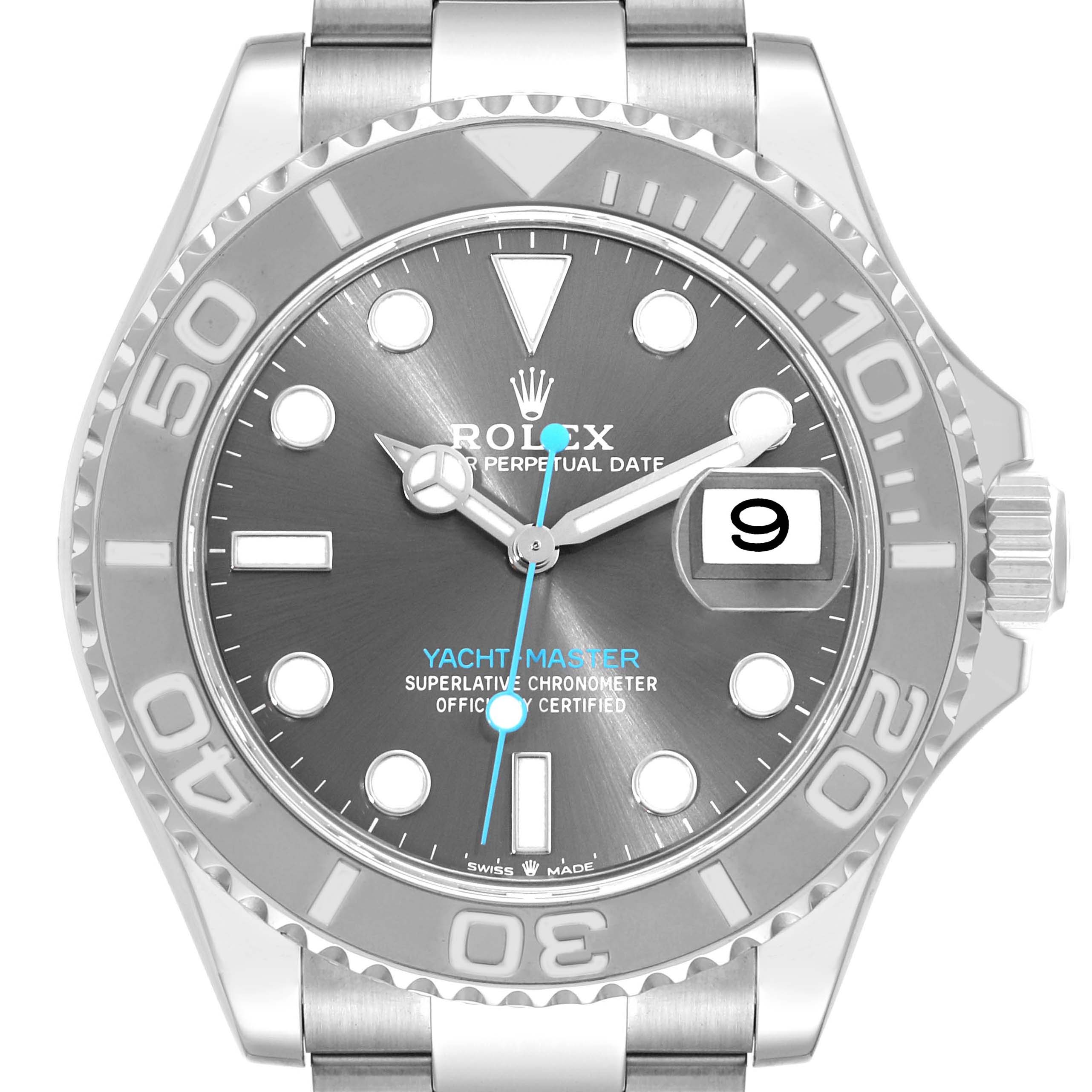 The image shows a front view of a Rolex Yacht-Master 126622 Men's Stainless Steel Grey Dial 126622 Men's Stainless Steel Grey Dial watch, highlighting the dial, bezel, hands, and date window.