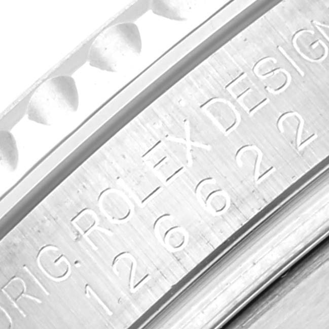 This close-up image shows the bezel and part of the engraved Rolex design, model number 126622, on the Yacht-Master by Rolex.