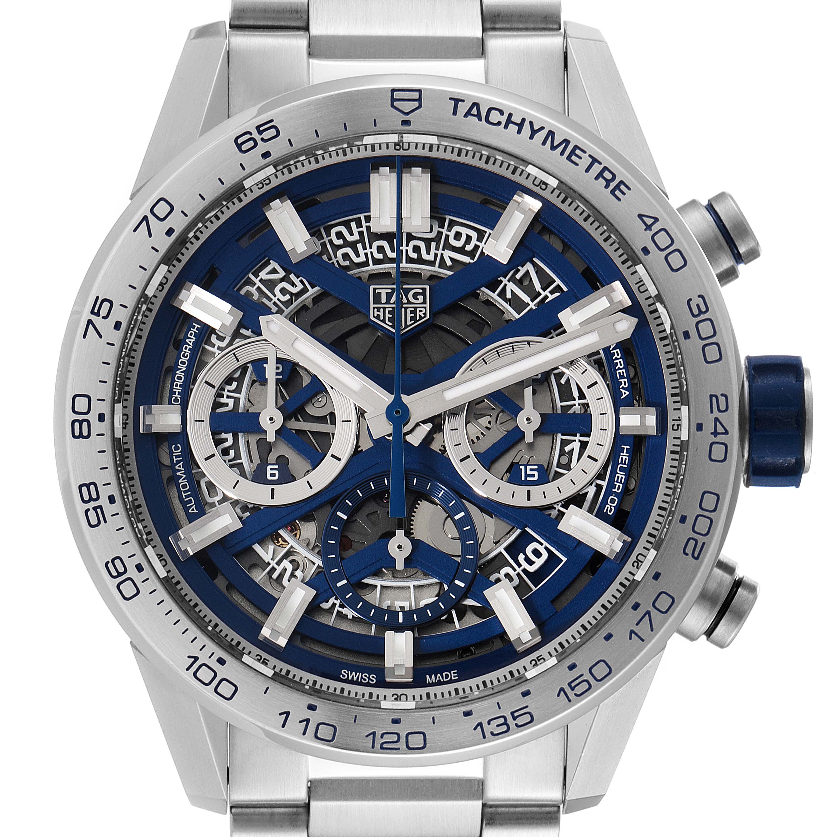 The image shows a frontal angle of the Tag Heuer Carrera Heuer 02 Limited Edition watch, highlighting its dial, chronograph subdials, and tachymeter bezel.