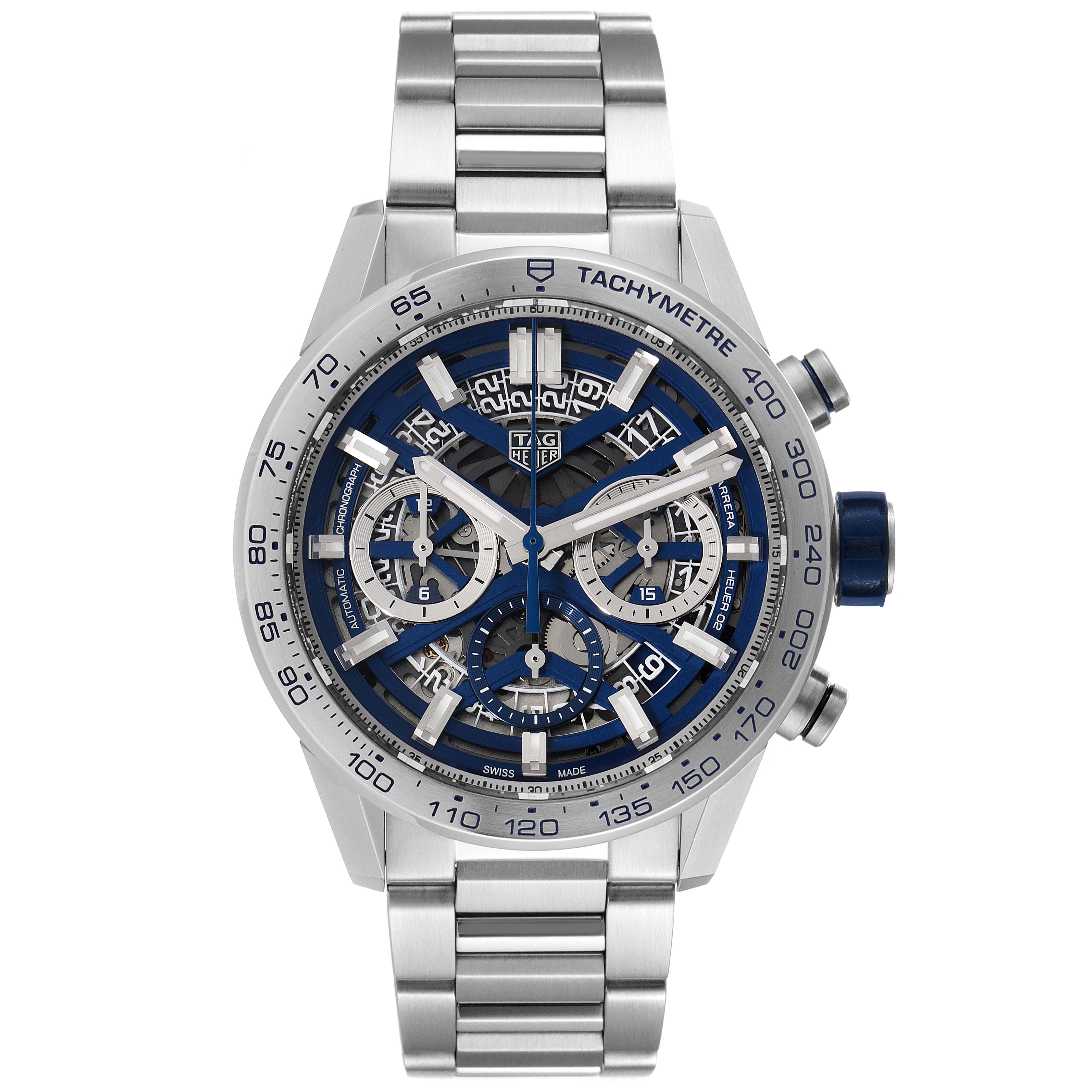 This is a front view of the Tag Heuer Carrera watch, showcasing its dial, tachymeter bezel, chronograph sub-dials, and stainless steel bracelet.