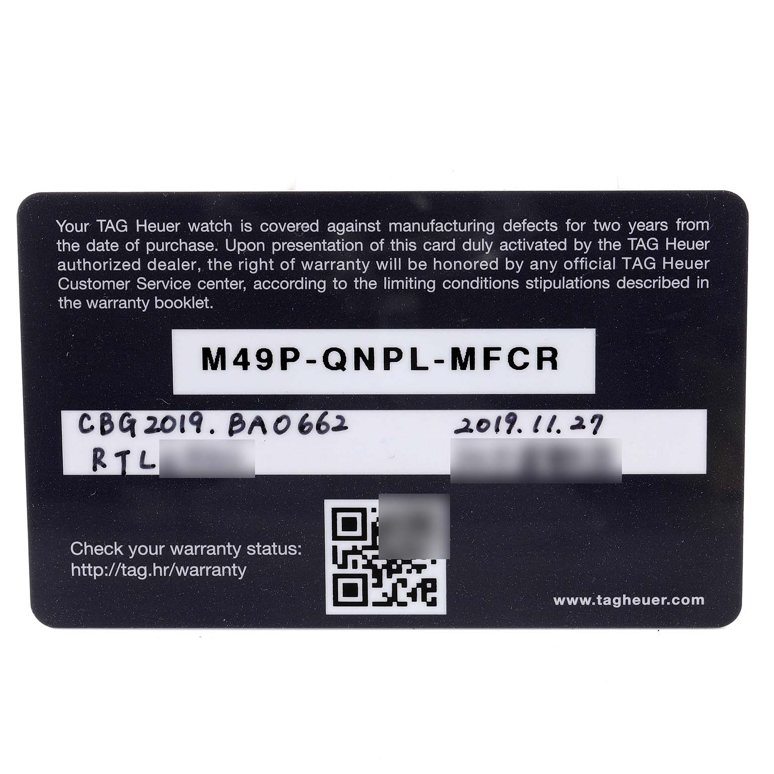 The image shows a warranty card for the Carrera model by Tag Heuer, viewed from the front.