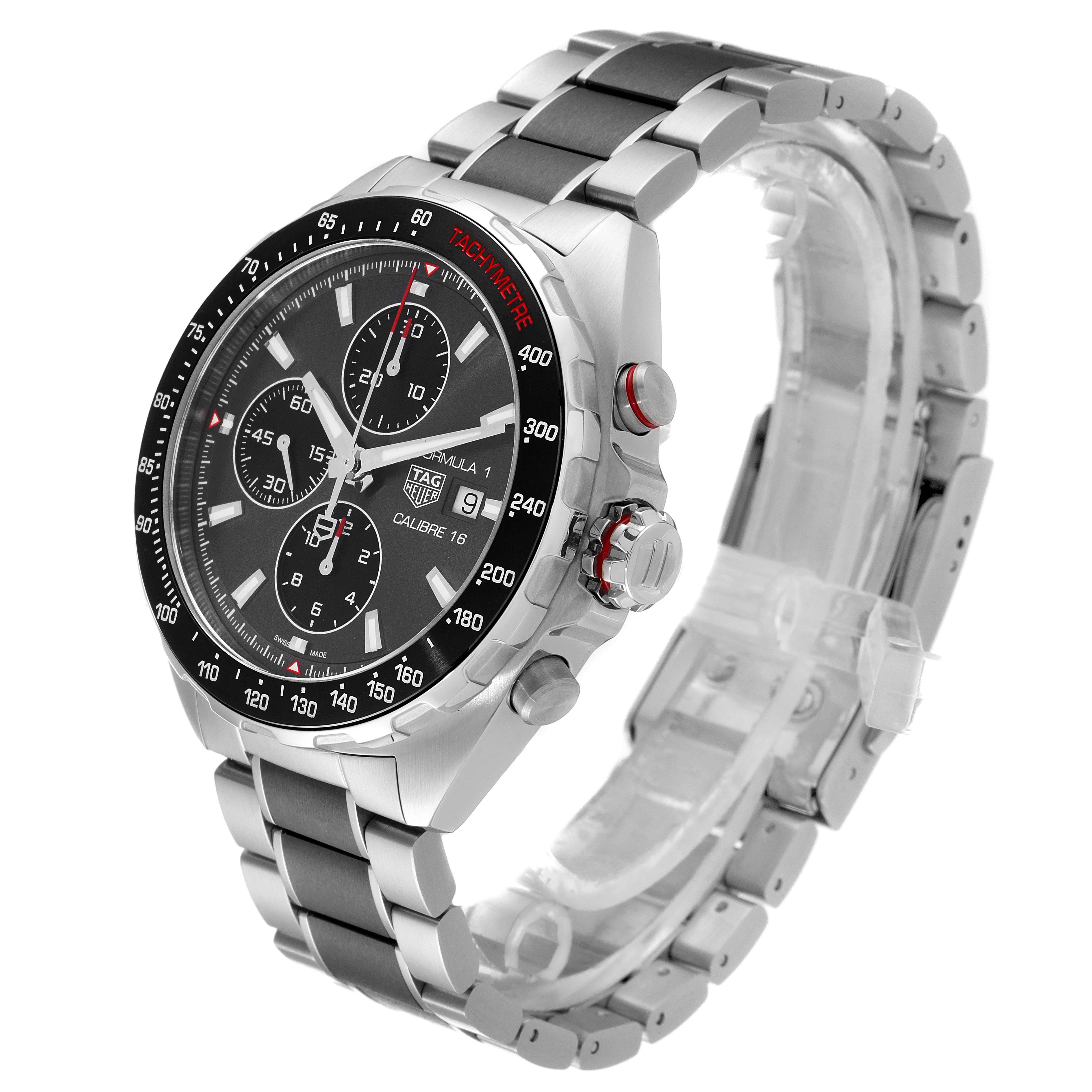 This image shows a side angle of the Tag Heuer Formula 1 CAZ2012.BA0970 Men's Stainless Steel Grey Dial CAZ2012.BA0970 Men's Stainless Steel Grey Dial watch featuring its face, bezel, crown, buttons, and bracelet.