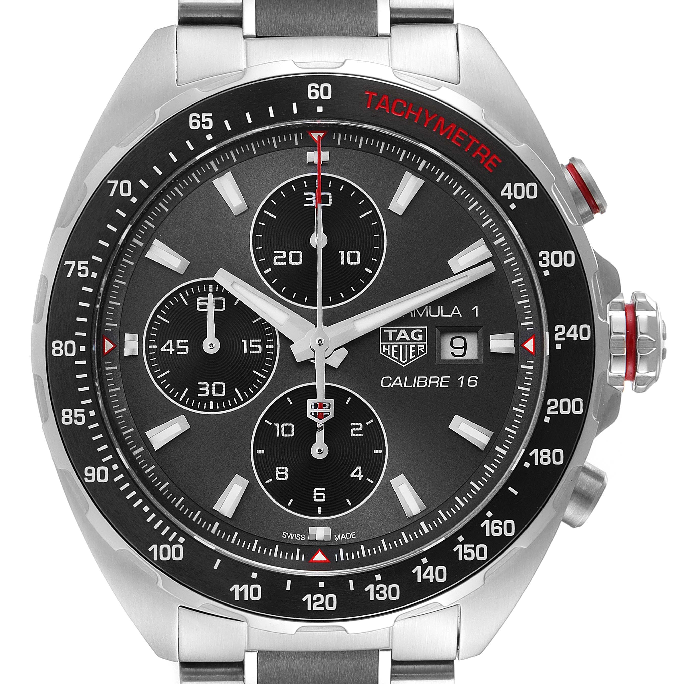 The image shows a front view of the Tag Heuer Formula 1 CAZ2012.BA0970 Men's Stainless Steel Grey Dial CAZ2012.BA0970 Men's Stainless Steel Grey Dial watch, displaying its chronograph, tachymeter, date window, and brand logo.