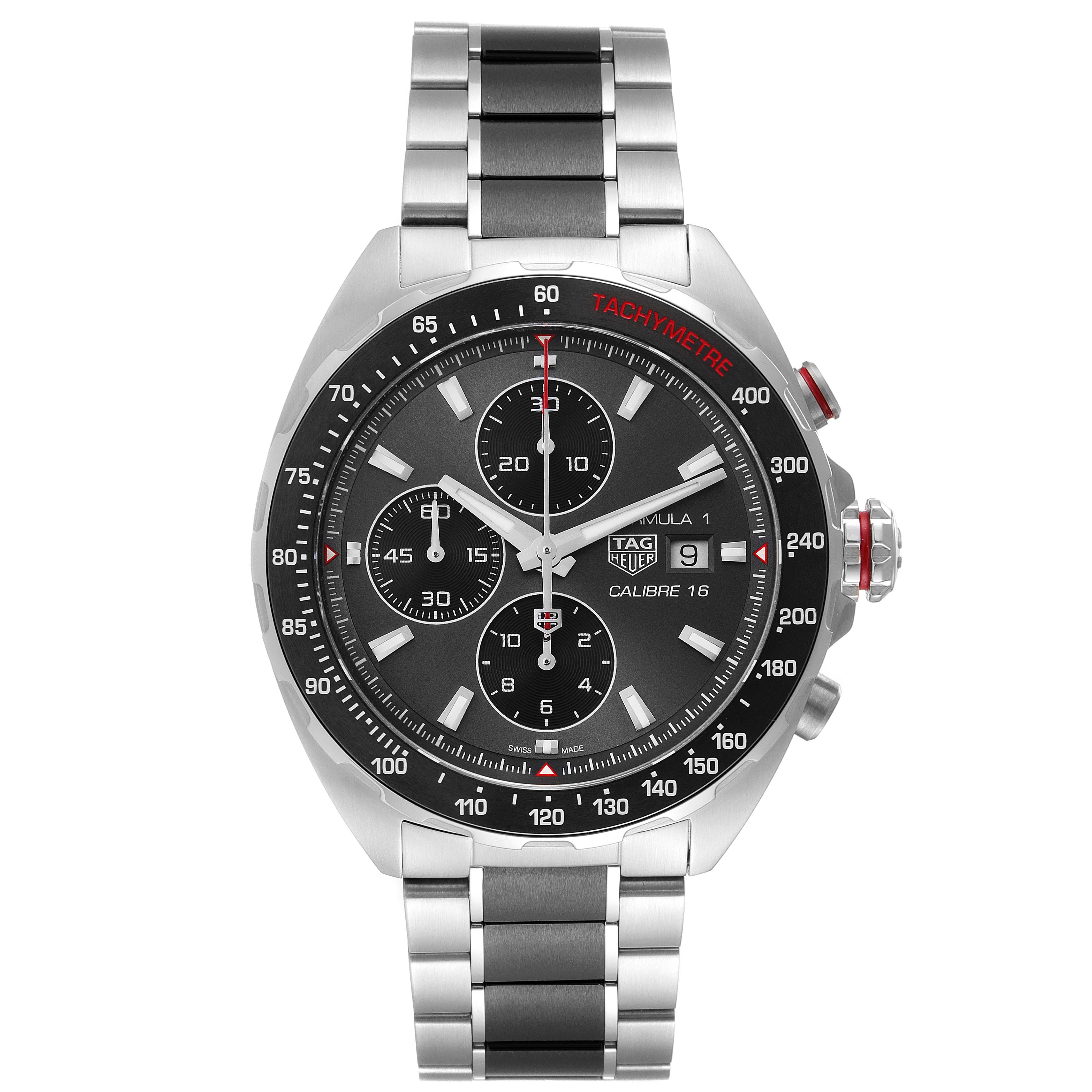 This image shows a frontal view of the Tag Heuer Formula 1 CAZ2012.BA0970 Men's Stainless Steel Grey Dial CAZ2012.BA0970 Men's Stainless Steel Grey Dial watch, highlighting the dial, bezel, bracelet, and crown.