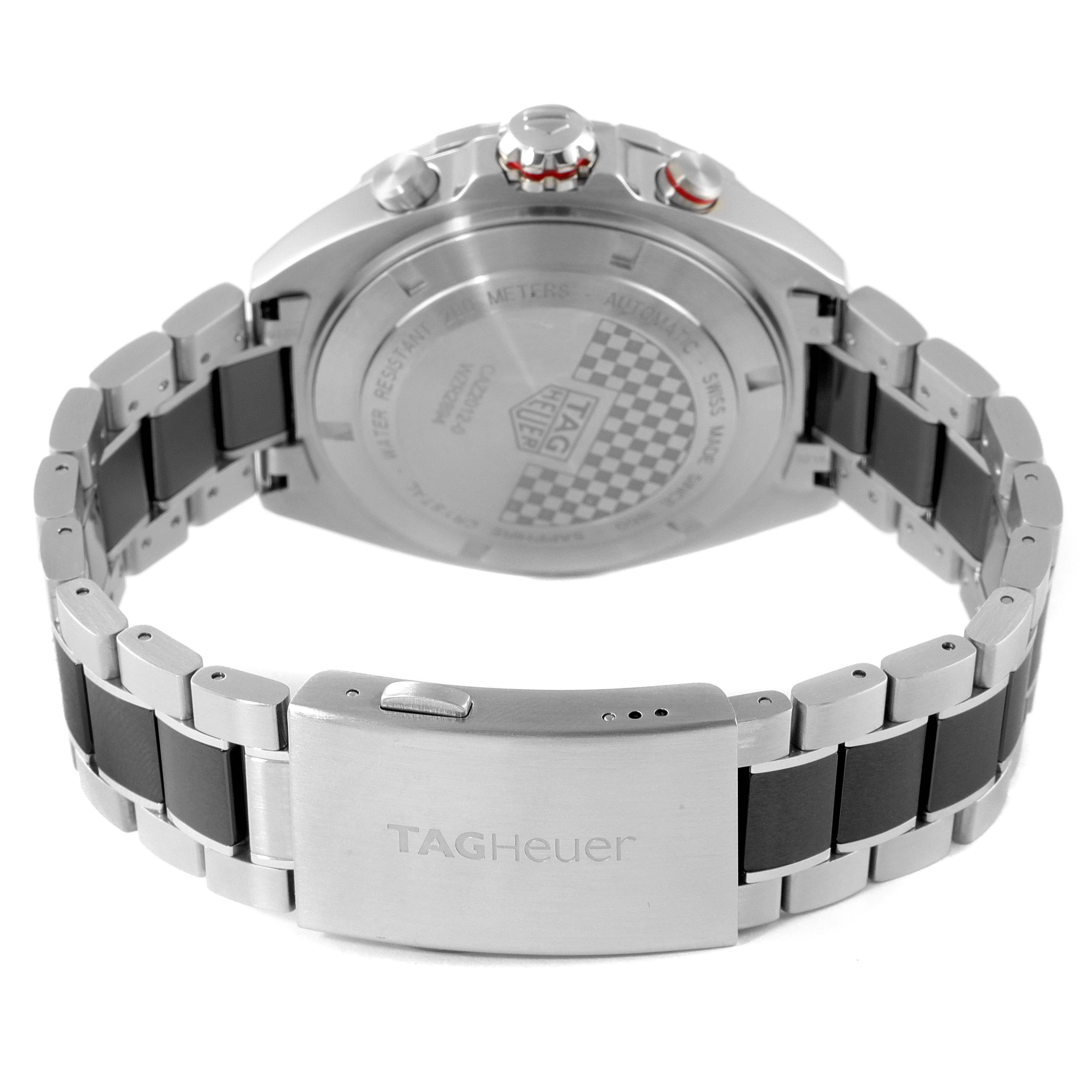 This image shows the back case, crown, and metal bracelet of the Tag Heuer Formula 1 CAZ2012.BA0970 Men's Stainless Steel Grey Dial CAZ2012.BA0970 Men's Stainless Steel Grey Dial watch.