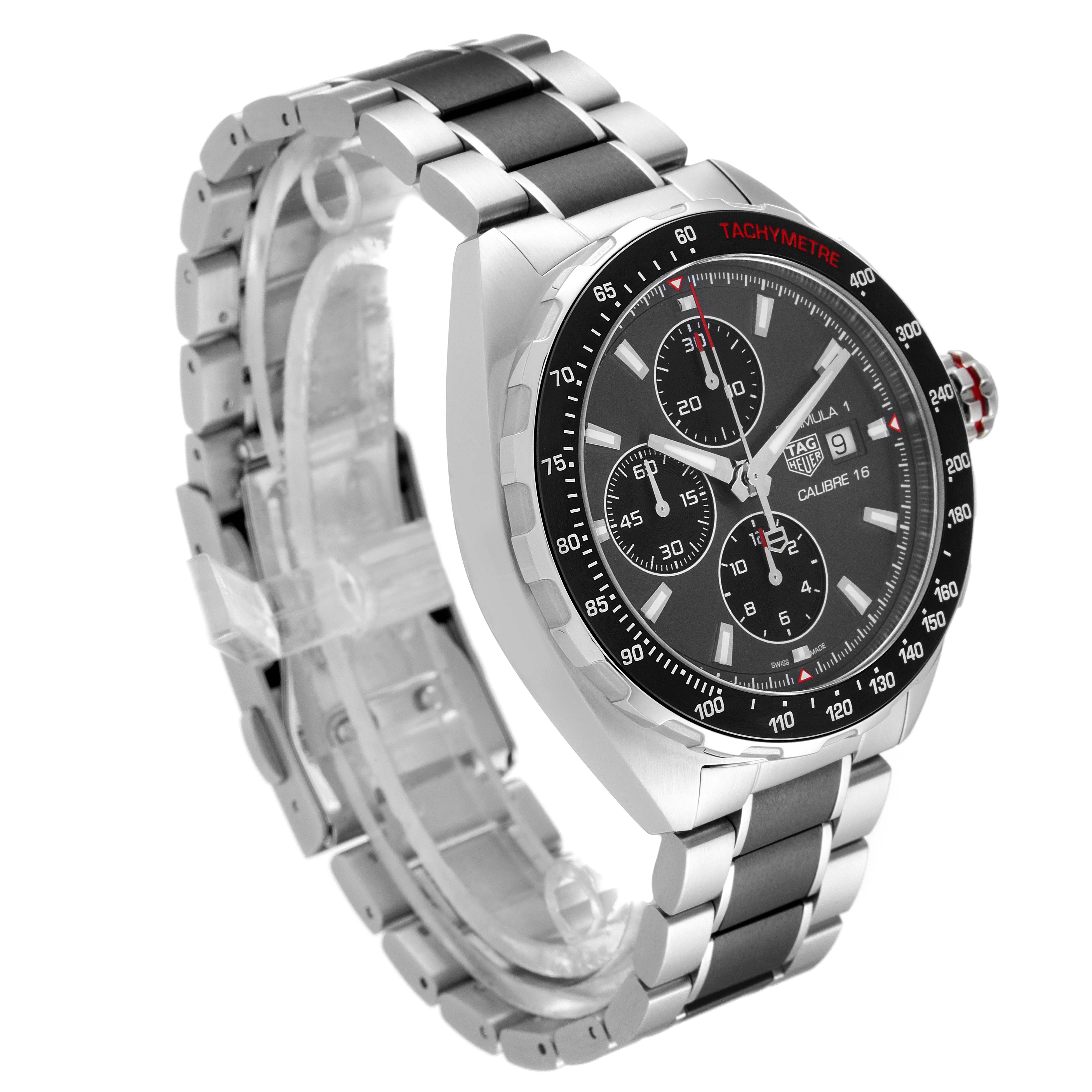 The image shows a Tag Heuer Formula 1 CAZ2012.BA0970 Men's Stainless Steel Grey Dial CAZ2012.BA0970 Men's Stainless Steel Grey Dial watch from a front-side angle, highlighting the dial, bezel, and bracelet.