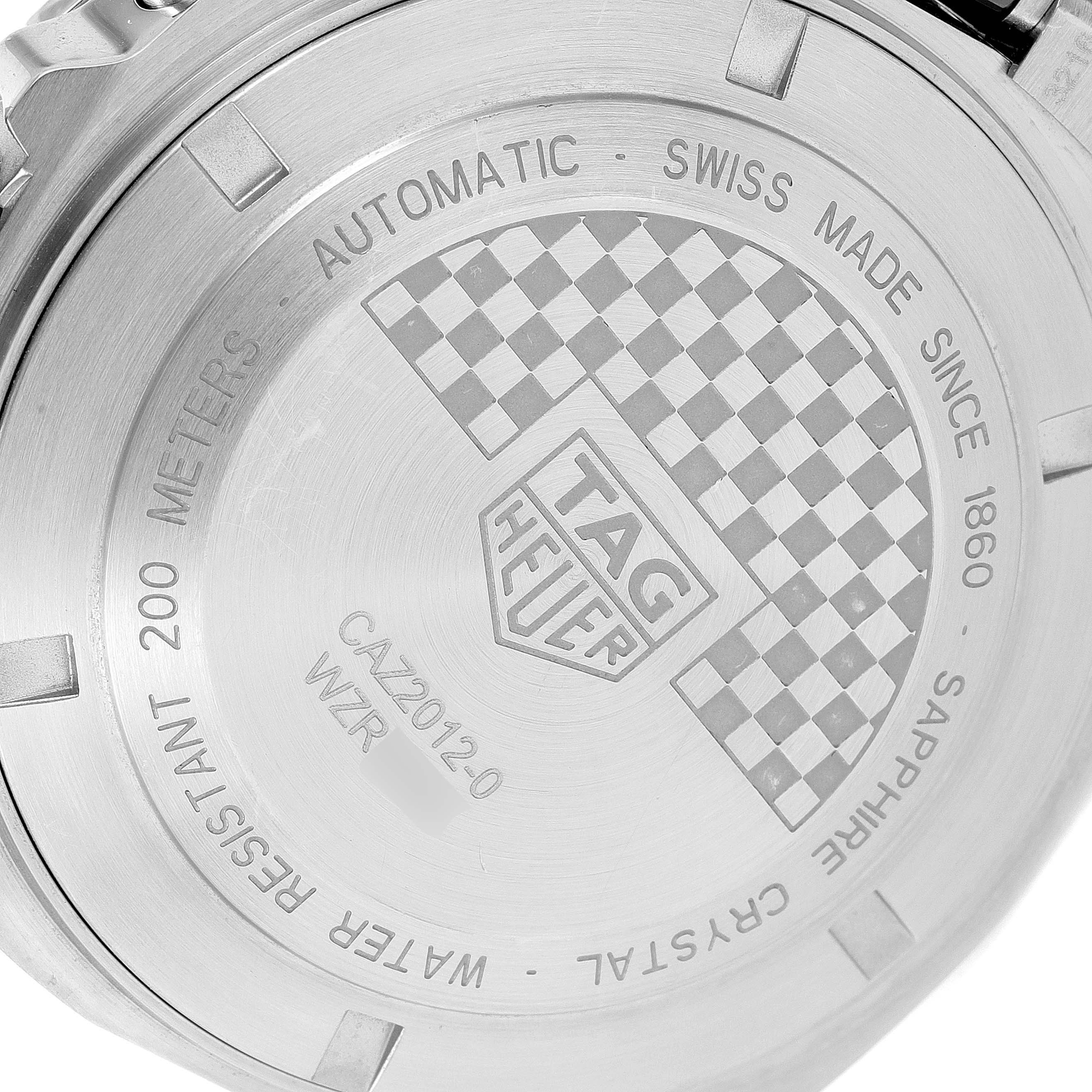 This image shows the back casing of a Tag Heuer Formula 1 CAZ2012.BA0970 Men's Stainless Steel Grey Dial CAZ2012.BA0970 Men's Stainless Steel Grey Dial watch, detailing water resistance and manufacturer information.