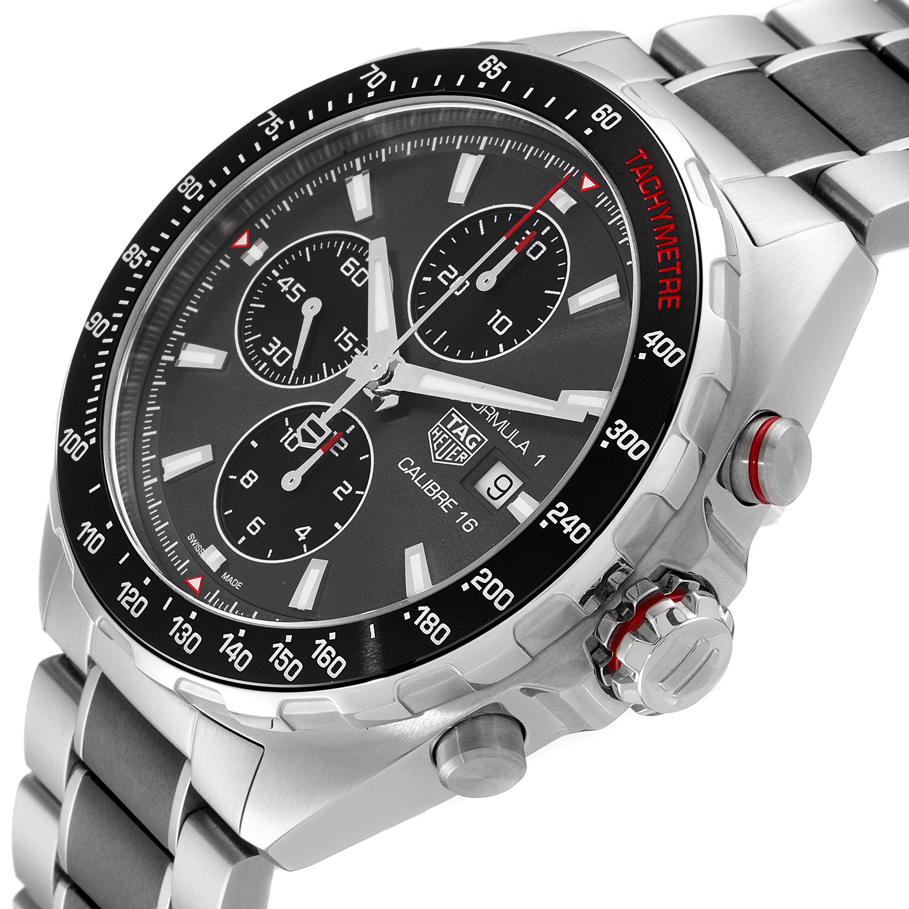 This Tag Heuer Formula 1 CAZ2012.BA0970 Men's Stainless Steel Grey Dial CAZ2012.BA0970 Men's Stainless Steel Grey Dial watch is shown at an angled close-up, highlighting the dial, subdials, bezel, and bracelet.
