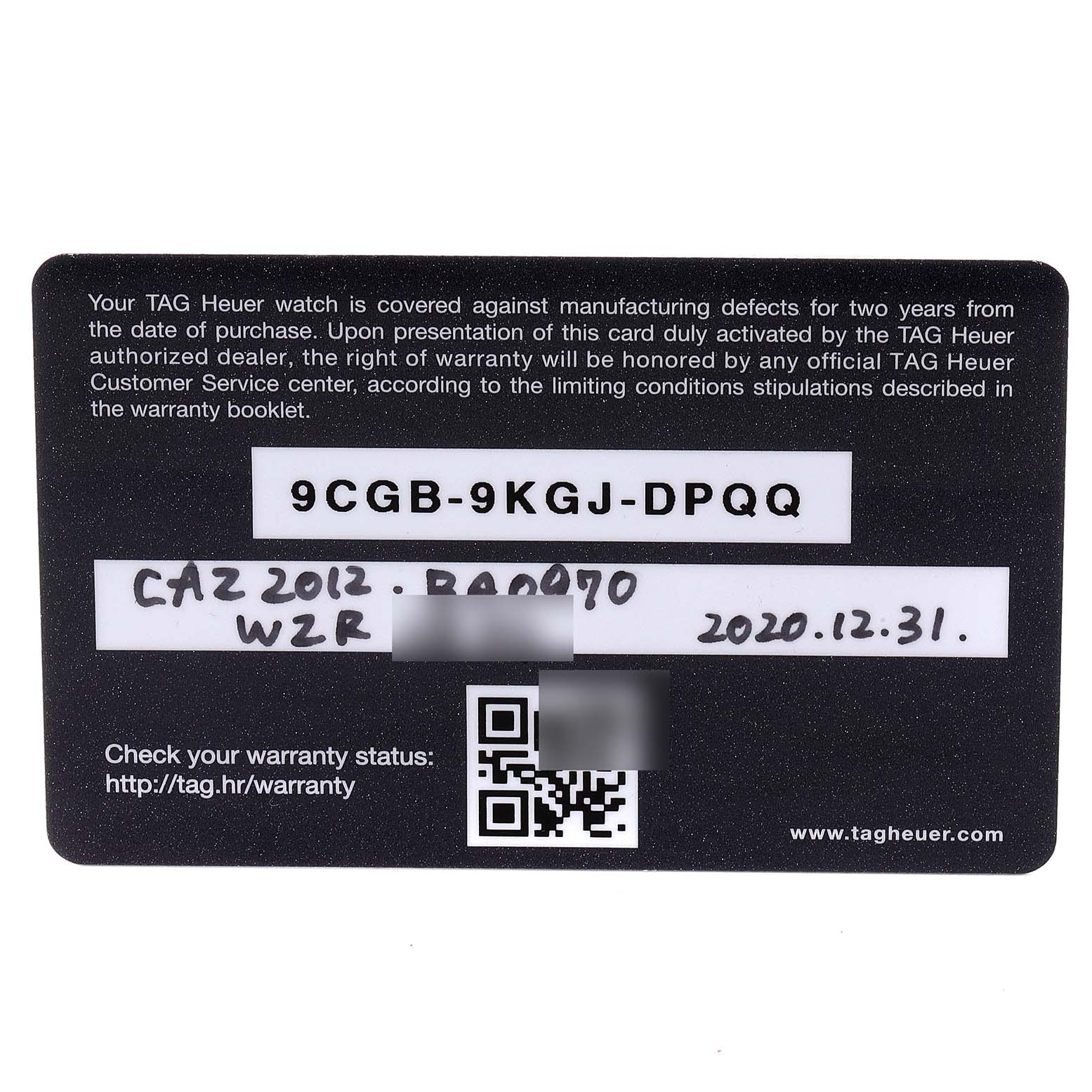 The image shows the warranty card for the Tag Heuer Formula 1 CAZ2012.BA0970 Men's Stainless Steel Grey Dial CAZ2012.BA0970 Men's Stainless Steel Grey Dial model watch.