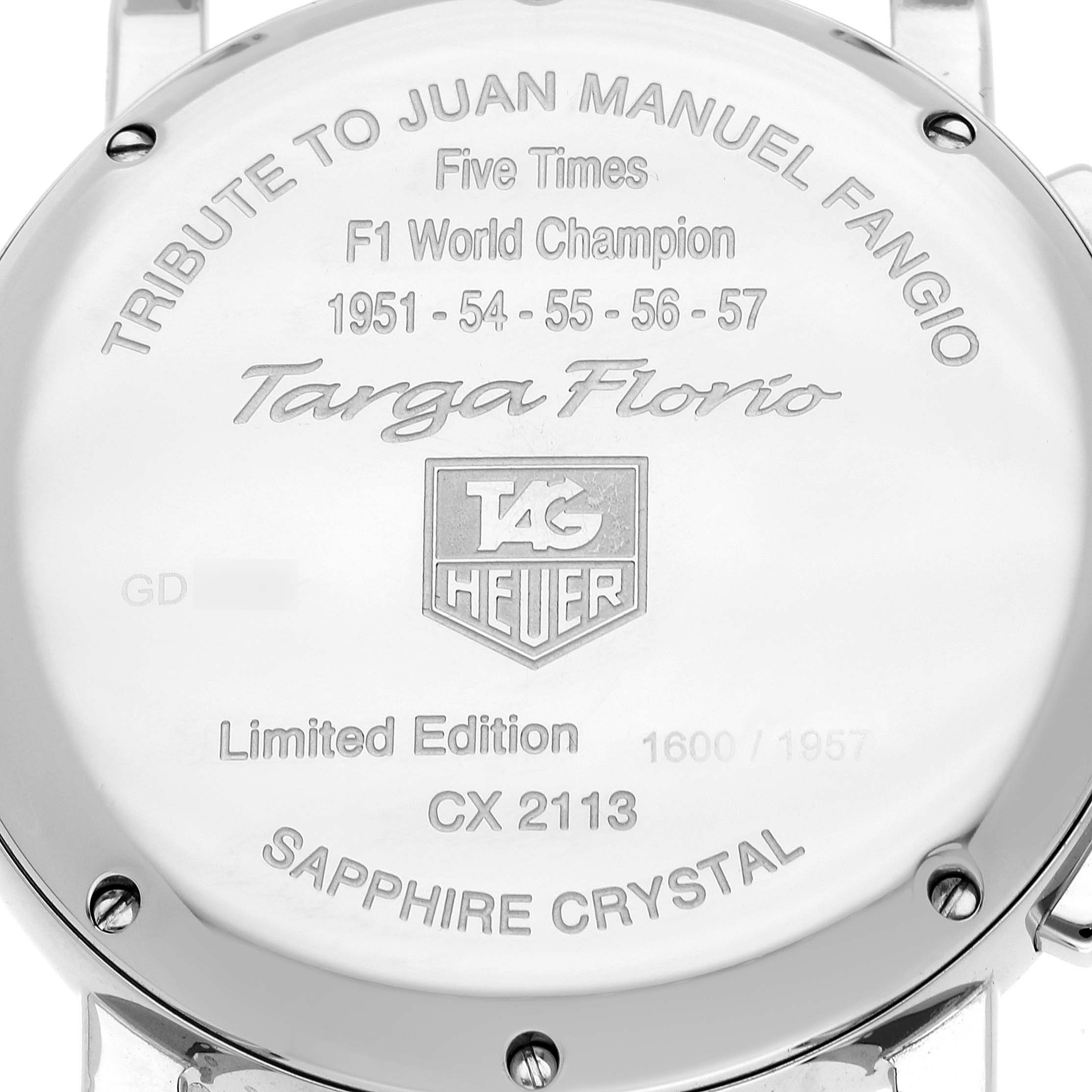 The image shows the back plate of a Tag Heuer Targa Florio Limited Edition watch, featuring inscriptions and the brand logo.