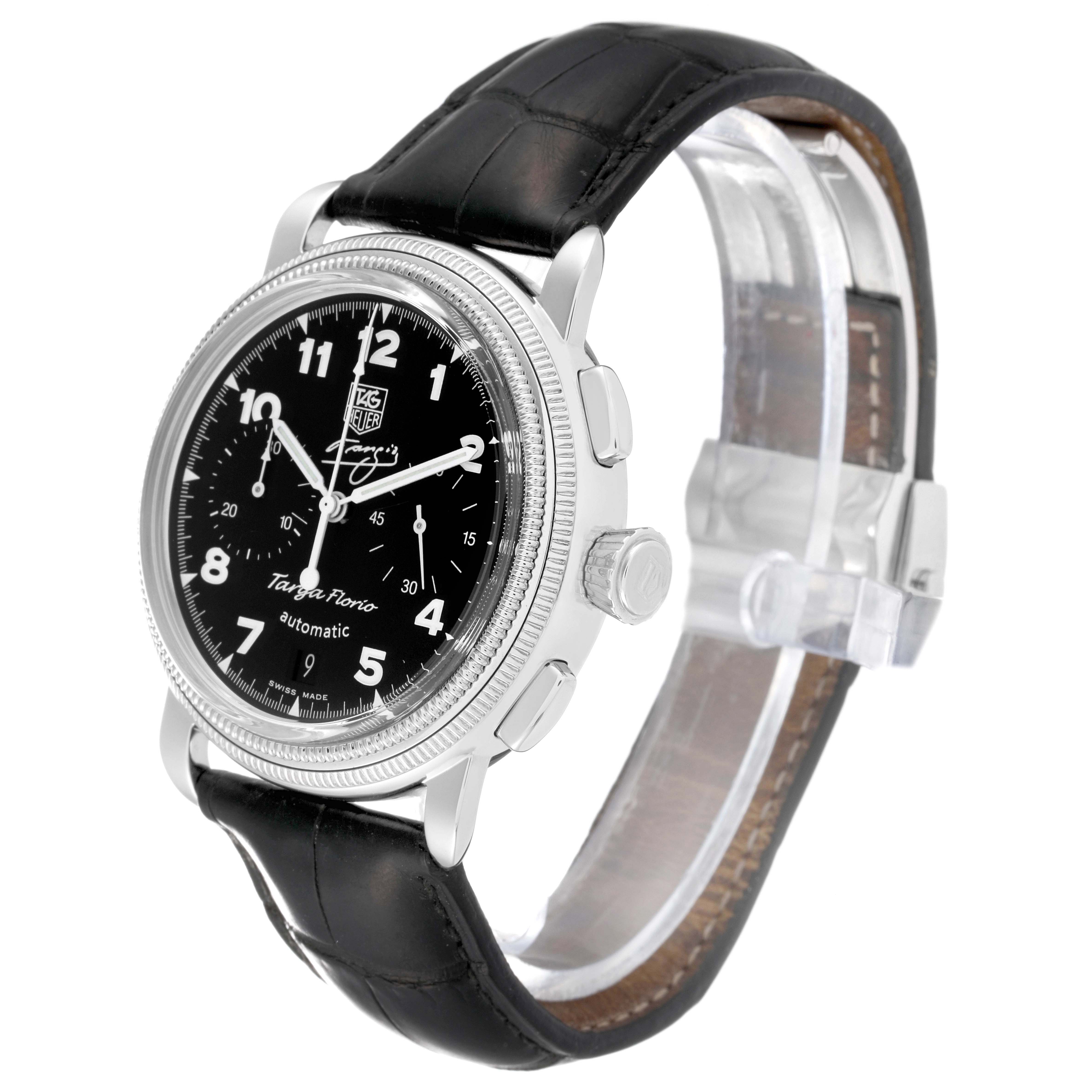 The image shows a Tag Heuer Targa Florio Limited Edition watch from a side angle, highlighting its black dial, chronograph functions, and leather strap.