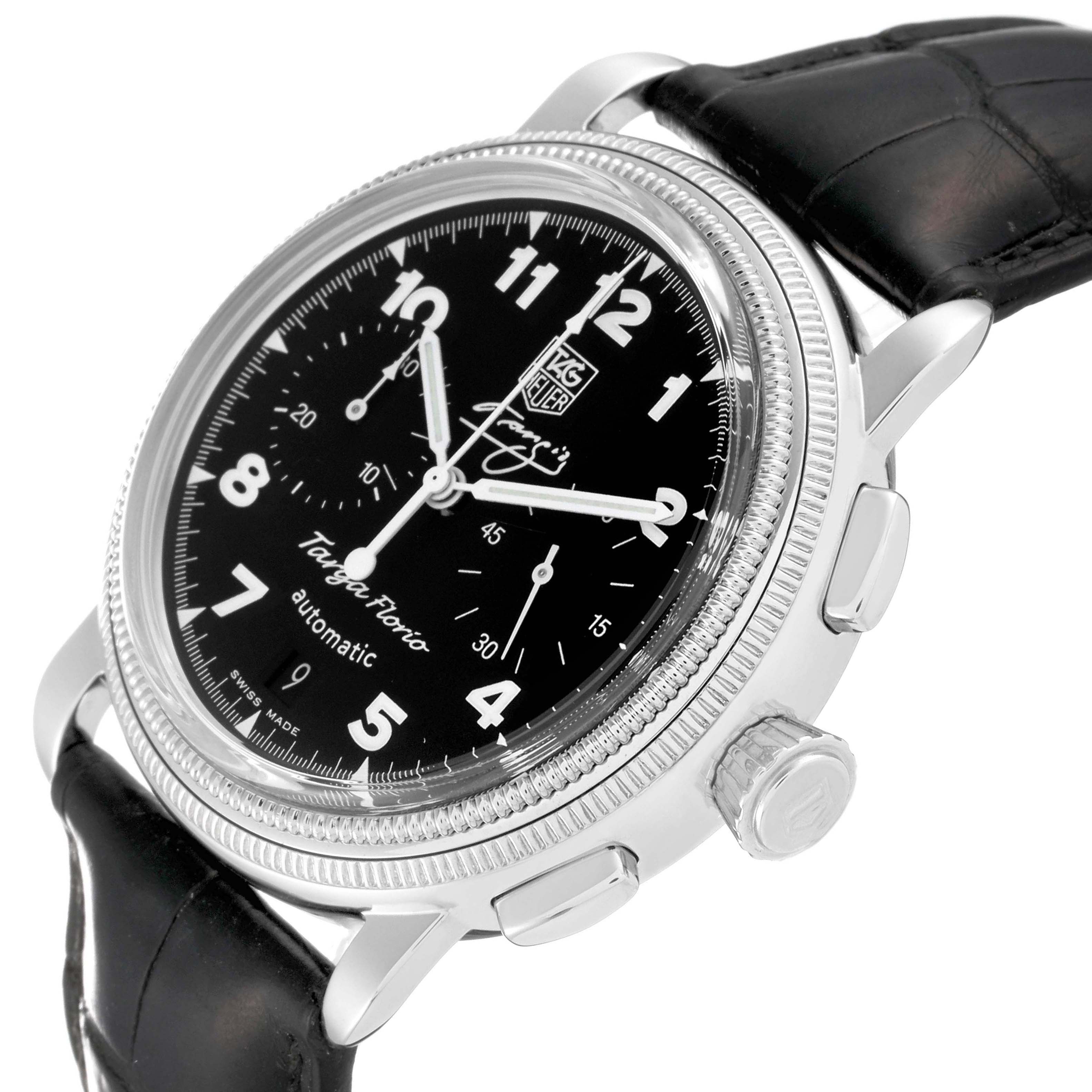 This image shows a close-up of the Tag Heuer Limited Edition CX2113 Men
s Stainless Steel Black Dial CX2113 Men
s Stainless Steel Black Dial Targa Florio watch, highlighting its black dial, numerals, and leather strap.