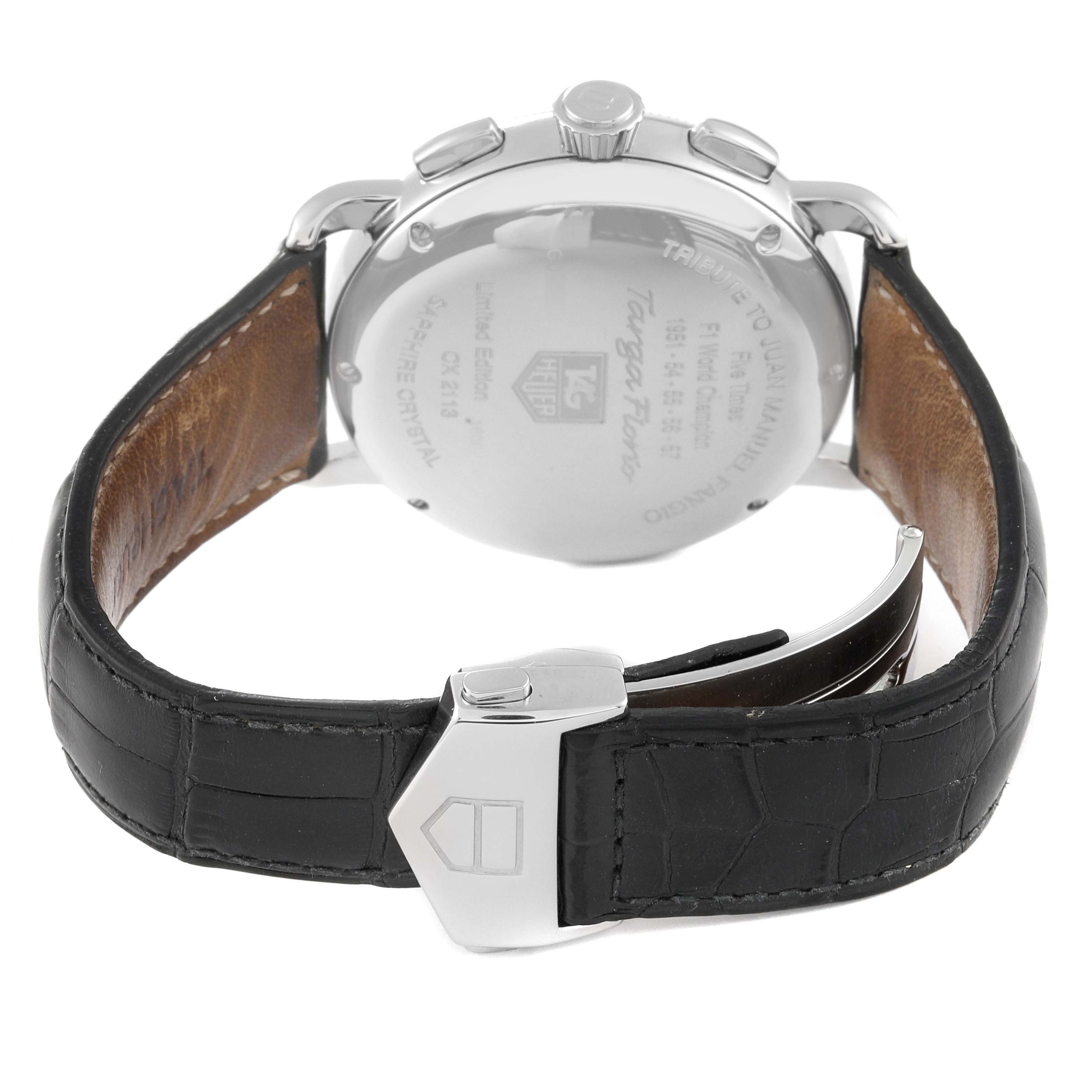 The image shows the back view and clasp of the Tag Heuer Limited Edition CX2113 Men
s Stainless Steel Black Dial CX2113 Men
s Stainless Steel Black Dial watch, highlighting the case back and black leather strap.