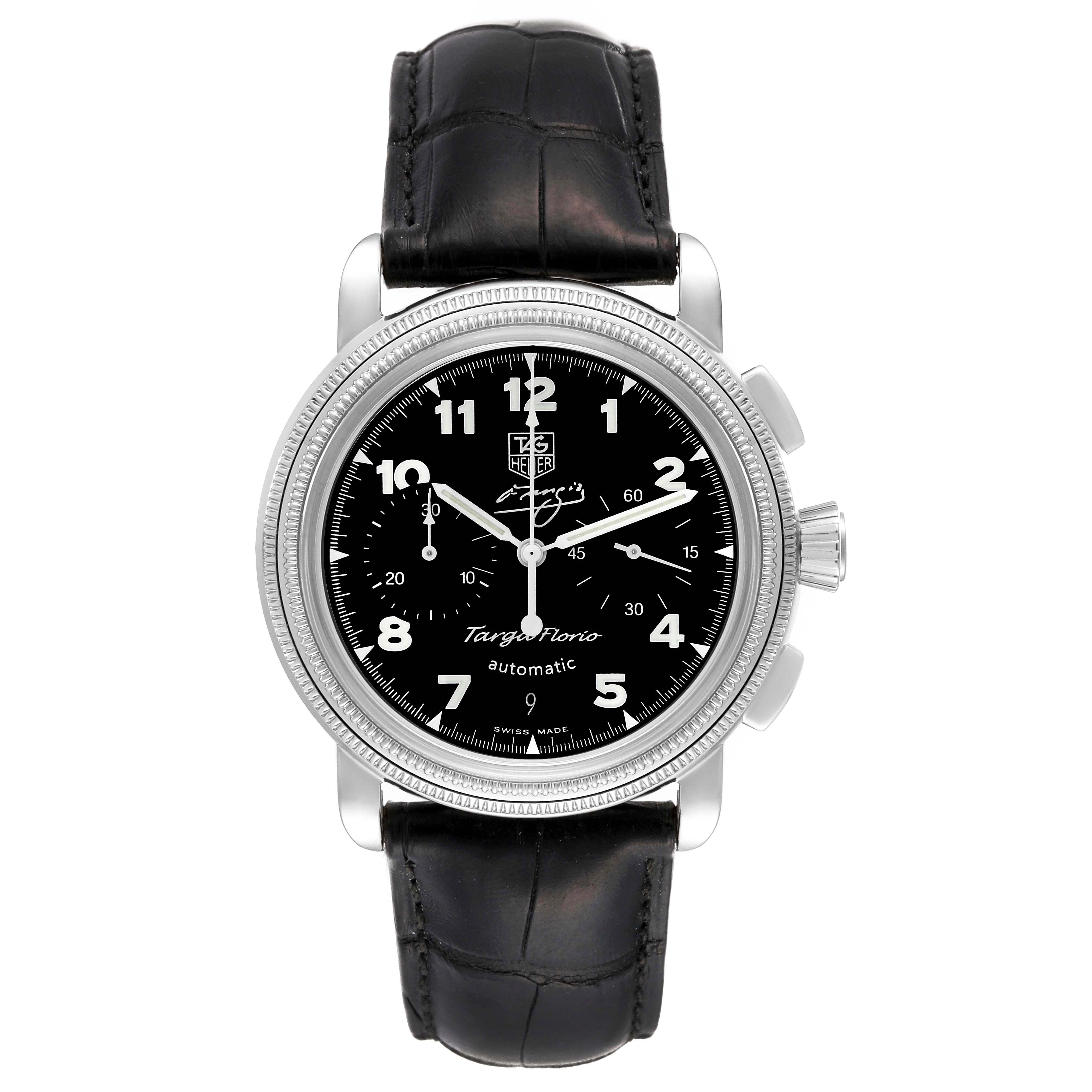 The image shows a front view of the Tag Heuer Targa Florio Limited Edition watch, displaying its dial, bezel, and strap.