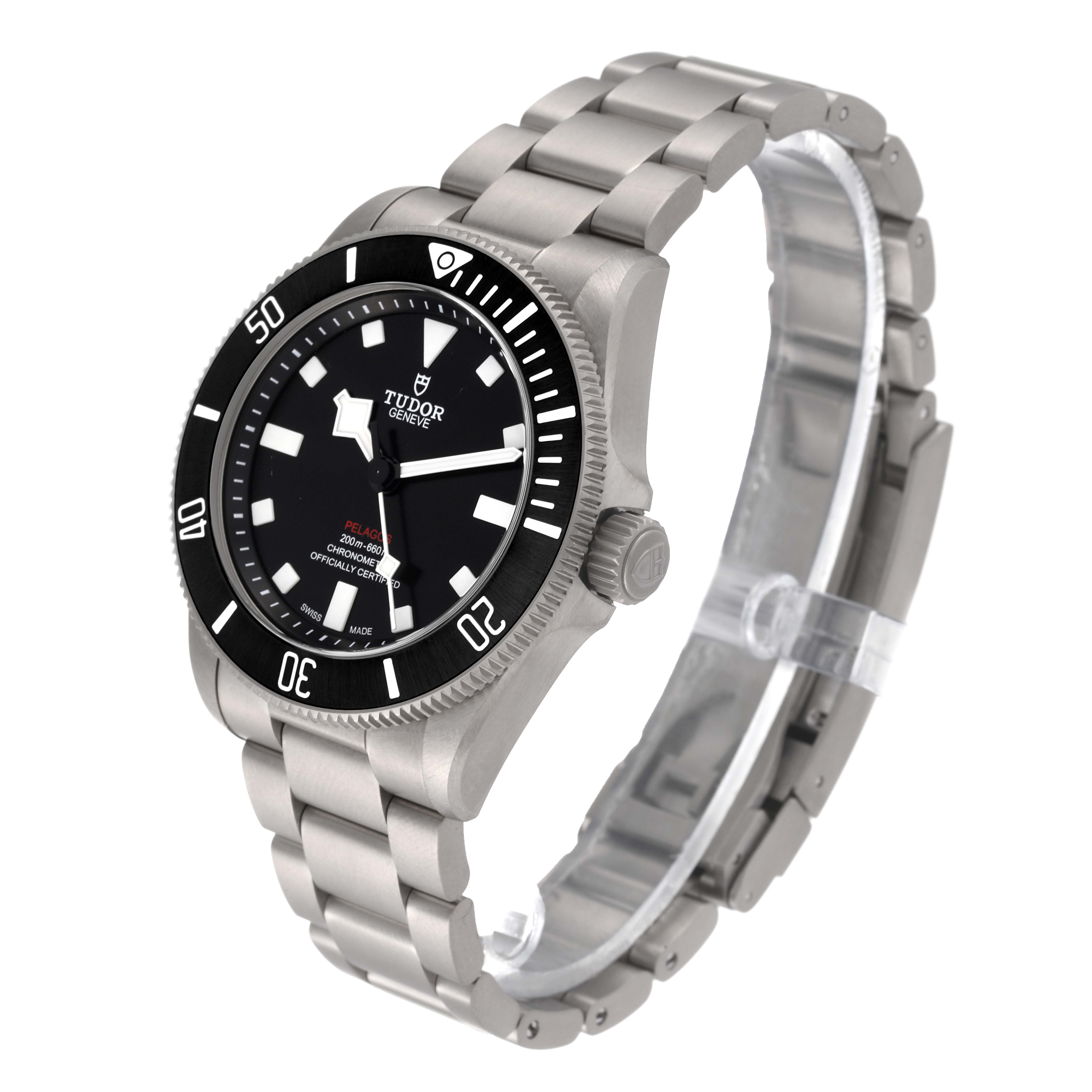 The image shows a Tudor Pelagos 25407N Men
s Titanium Black Dial 25407N Men
s Titanium Black Dial watch from an angled side view, displaying its bezel, dial, and metal bracelet.