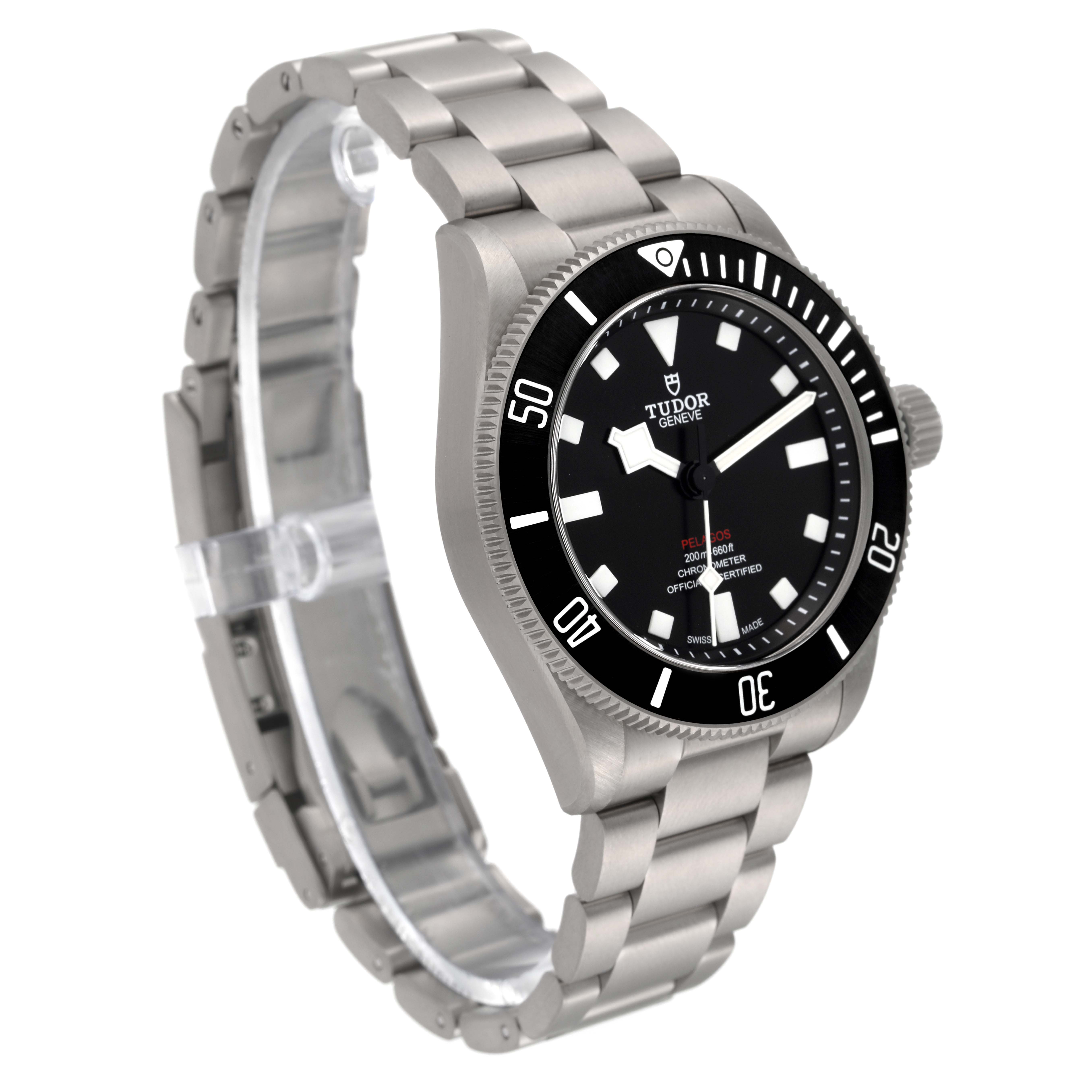 The image shows a Tudor Pelagos 25407N Men
s Titanium Black Dial 25407N Men
s Titanium Black Dial watch at a slight angle, highlighting its black dial, bezel, and metal bracelet.