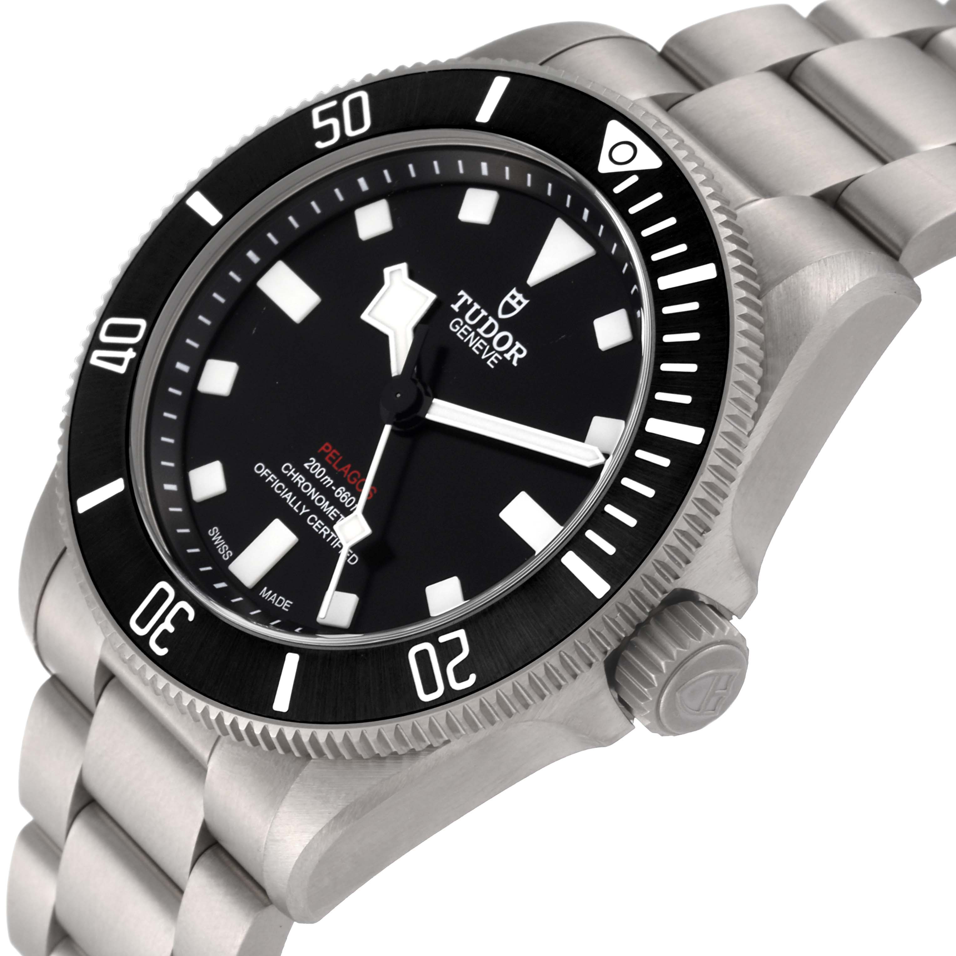 The image shows a Tudor Pelagos 25407N Men
s Titanium Black Dial 25407N Men
s Titanium Black Dial watch at a three-quarter angle, highlighting the dial, bezel, crown, and bracelet.